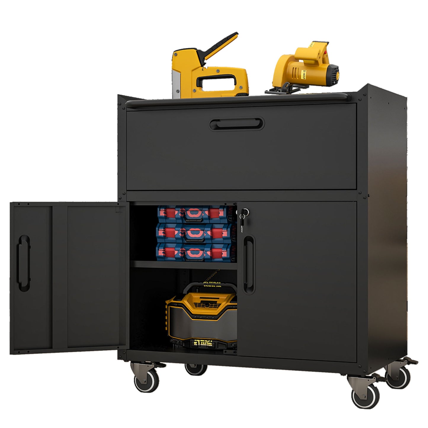 Sturdy And Durable Metal Tool Cabinet For Garage With Wheels Mobile Heavy Duty Storage Cabinet With 1 Drawer And 2 Locking Doors Daily Nest