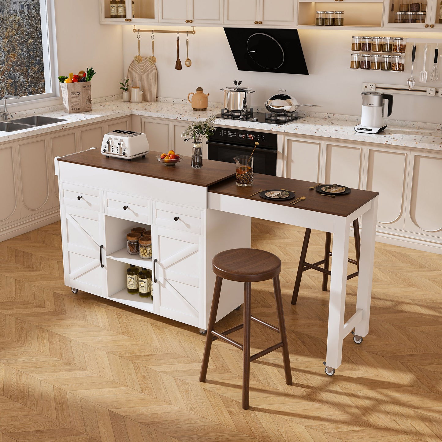 Modern Kitchen Island With Extendable Dining Table & Power Outlet - White Home Essentials
