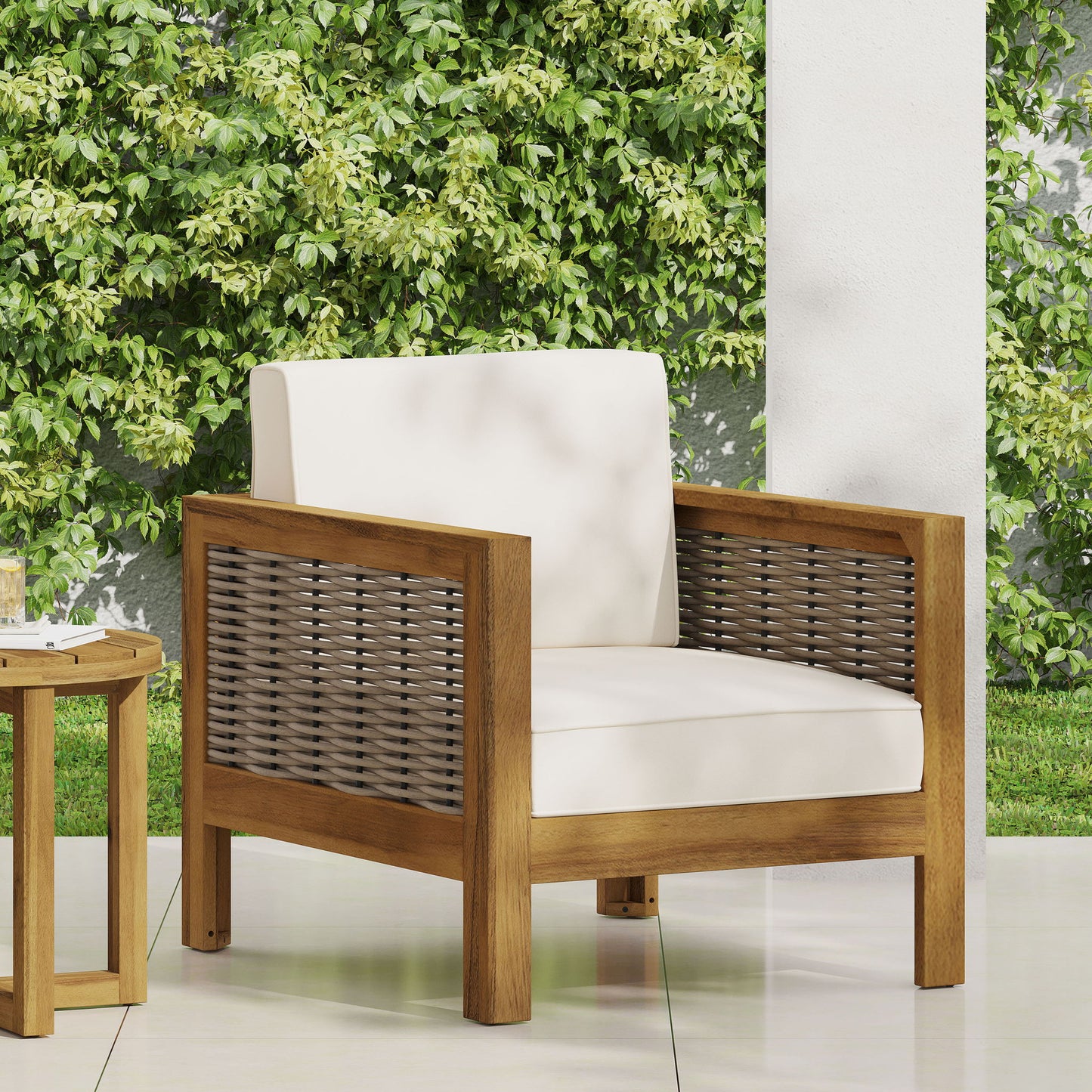 Outdoor Acacia Wood Club Chair With Wicker Accents Noble House