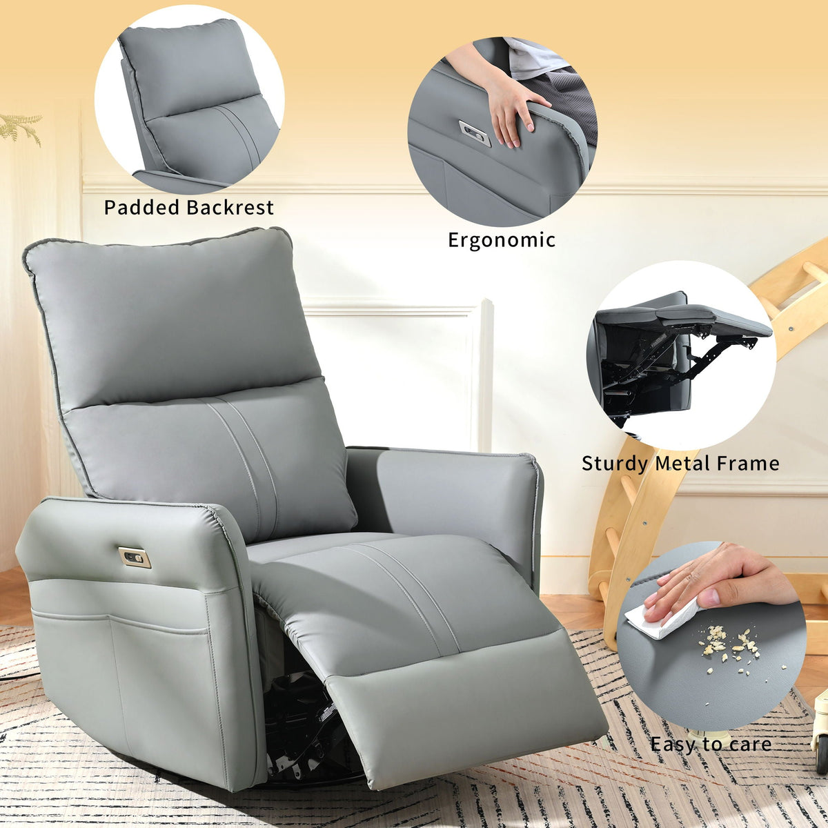 Power Swivel Rocker Recliner Chair, 270° Swivel Rocking Recliner Chair, Electric Small Recliners For Small Spaces, Single Sofa Recliner For Living Room - Blue / Gray Home Essentials