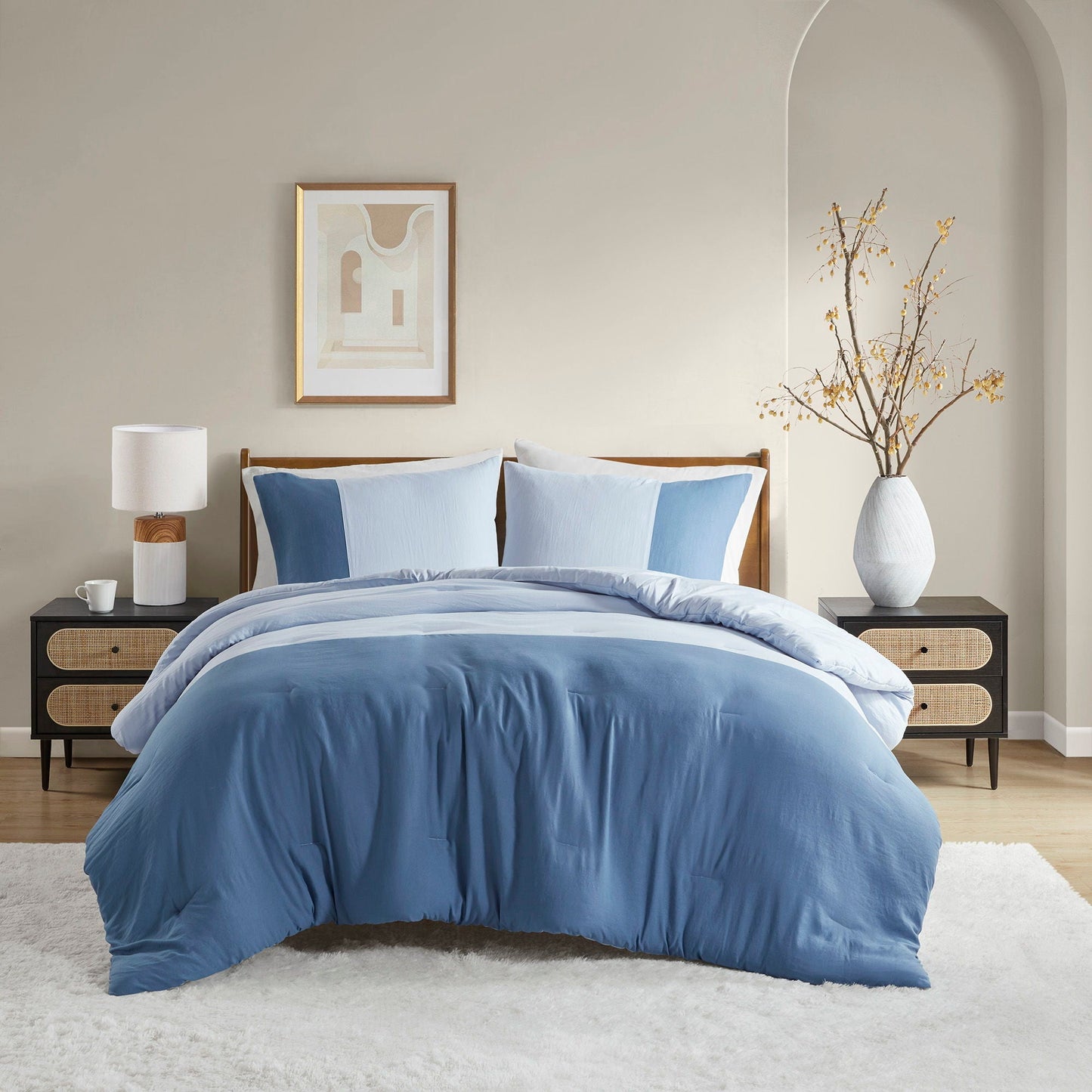 Miro - Full/Queen Soft Washed Block Comforter Set - Blue Super Listing