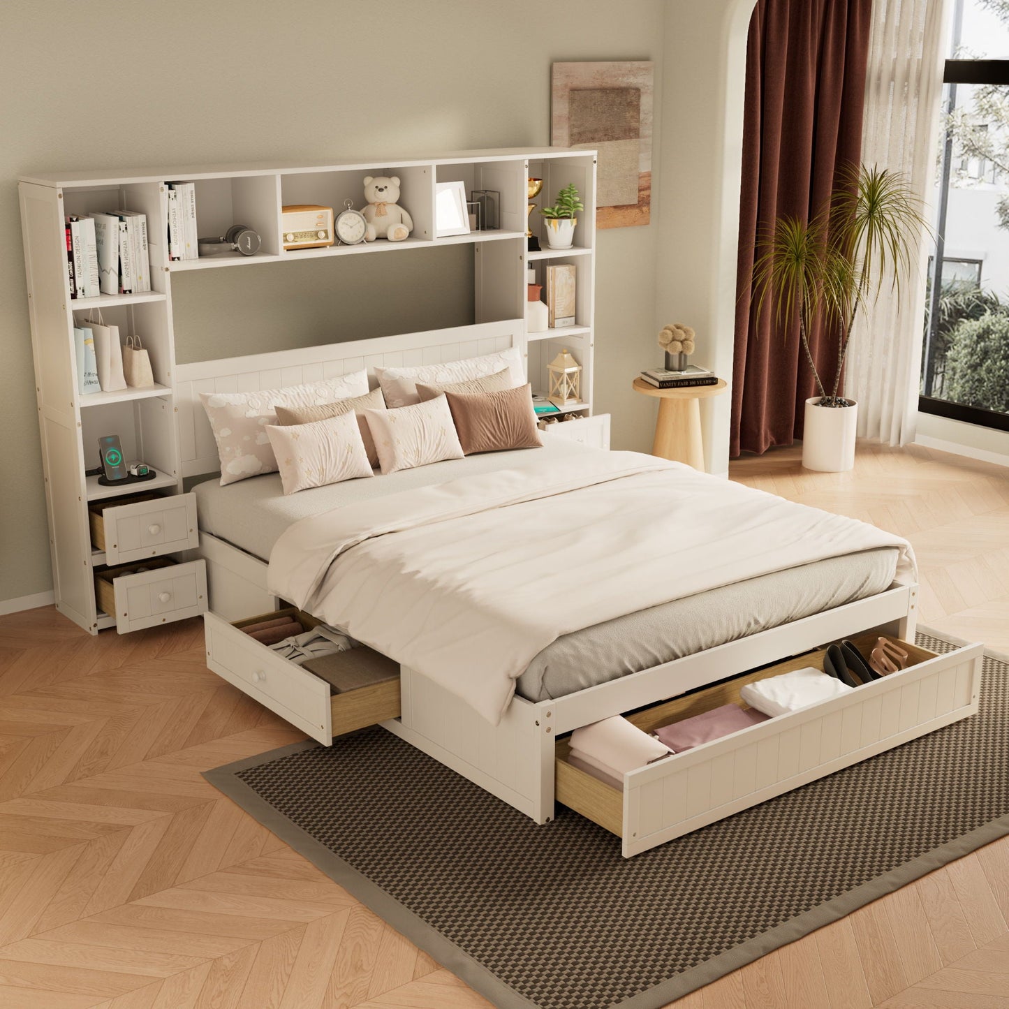 Platform Bed With All In One 2 Nightstand, Storage Shelf And Cabinet Bookcase With 2 Charging Stations Hearth and Haven