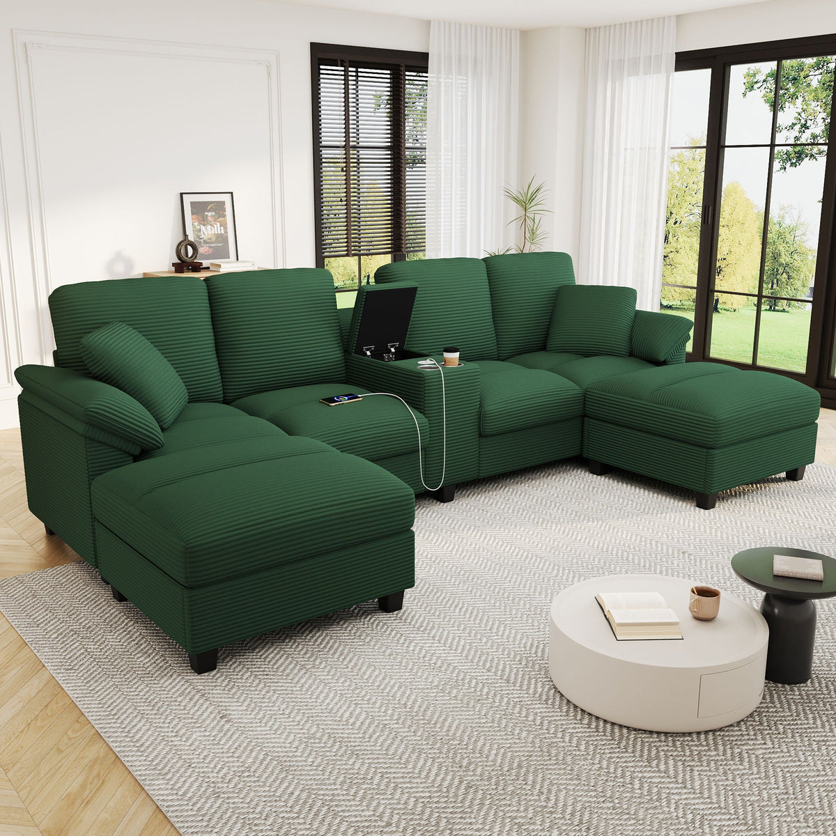 Modern U - Shaped Sectional Sofa With Storage Ottomans, USB Ports, And Cup Holders Hearth and Haven