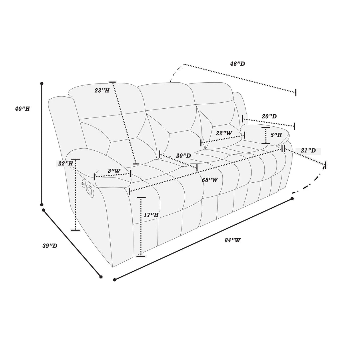 Modern Recliner Sofa With Pillow Arms, Plush Backrest, Horizontal Tufting, USB Charging Port Home Essentials