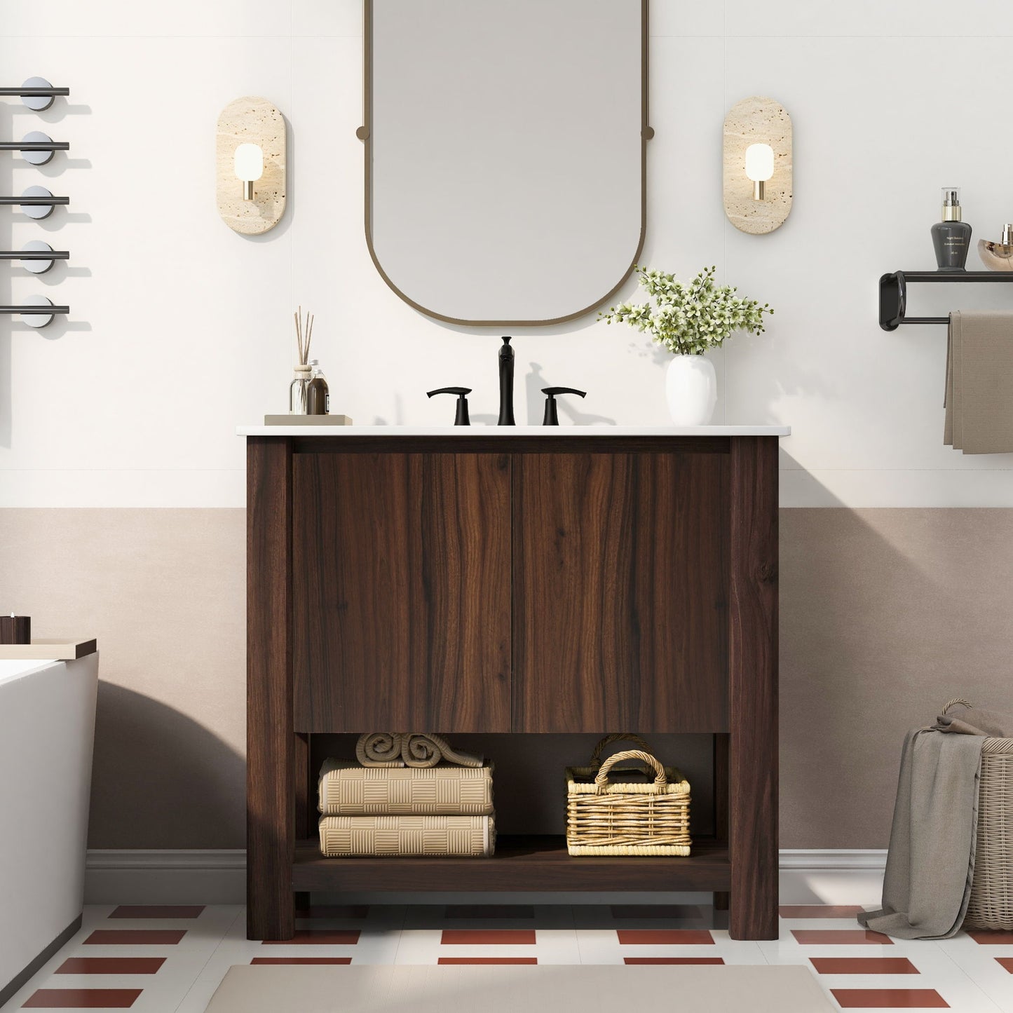 36" Modern Bathroom Vanity With Rectangle Ceramic Sink, Bathroom Cabinet And 45 Degrees Free Handle Design Soft Closing Doors, 1 Open Shelf At The Bottom - Dark Brown Noble House