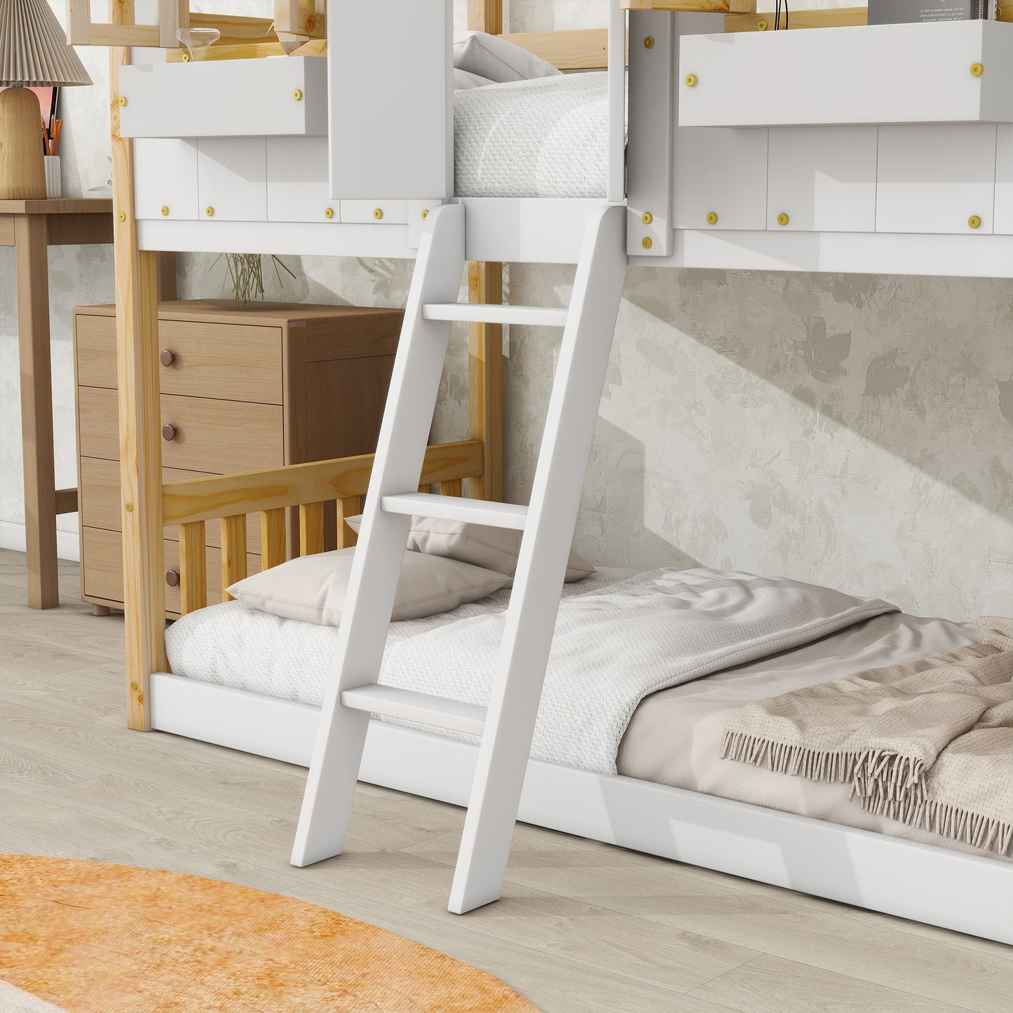 House Bunk Bed With Roof, Window, Window Box, Door, With Safety Guardrails And Ladder Home Essentials