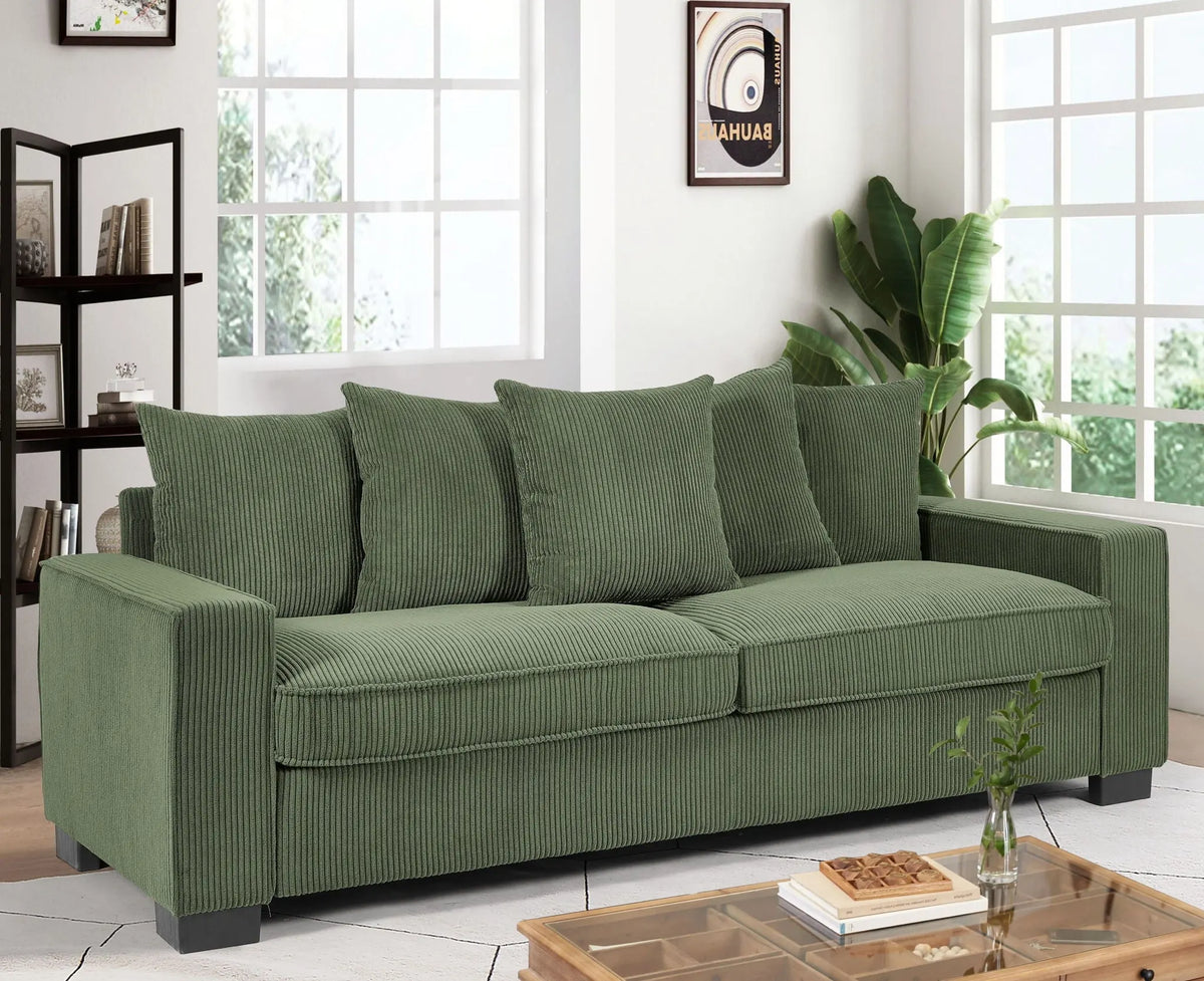 Luxe Corduroy Sofa With 5 Matching Toss Pillows, Sleek Design, Spacious And Comfortable 3 Seater Couch US Pride