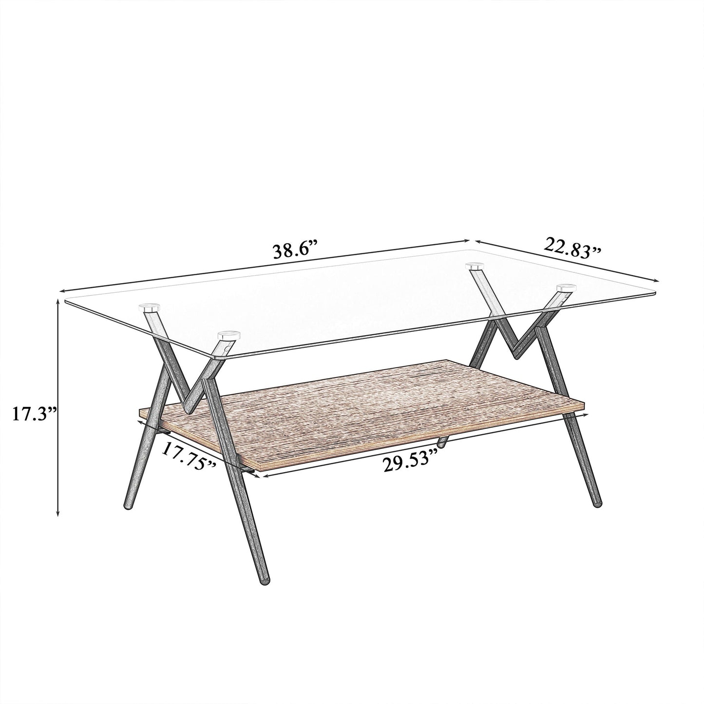 Rectangle Coffee Table With Tempered Glass Top And MDF Shelf, Modern Table For Living Room Home Essentials