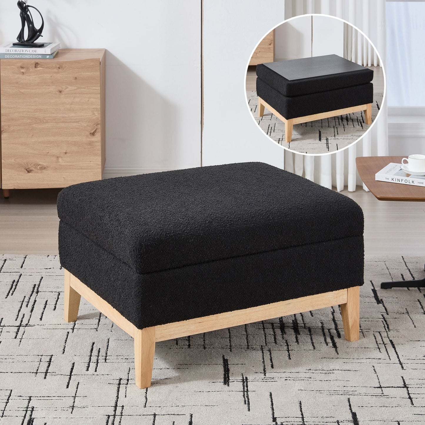 Upholstered Storage Ottoman With Reversible Lid Coffee Table, Foot Stool Square Footrest With Rubberwood Legs For Living Room Bedroom Entryway And Office - Black Home Essentials