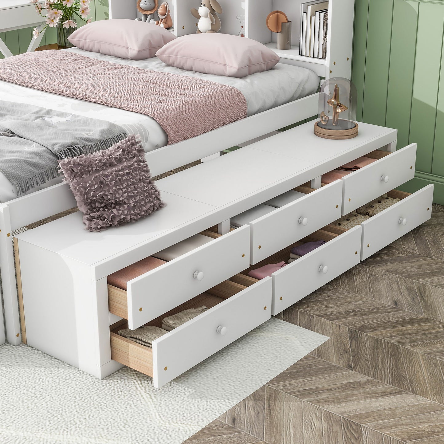 Bed With Bookcase Headboard, Under Bed Storage Drawers And Bed End Storage Case Home Essentials