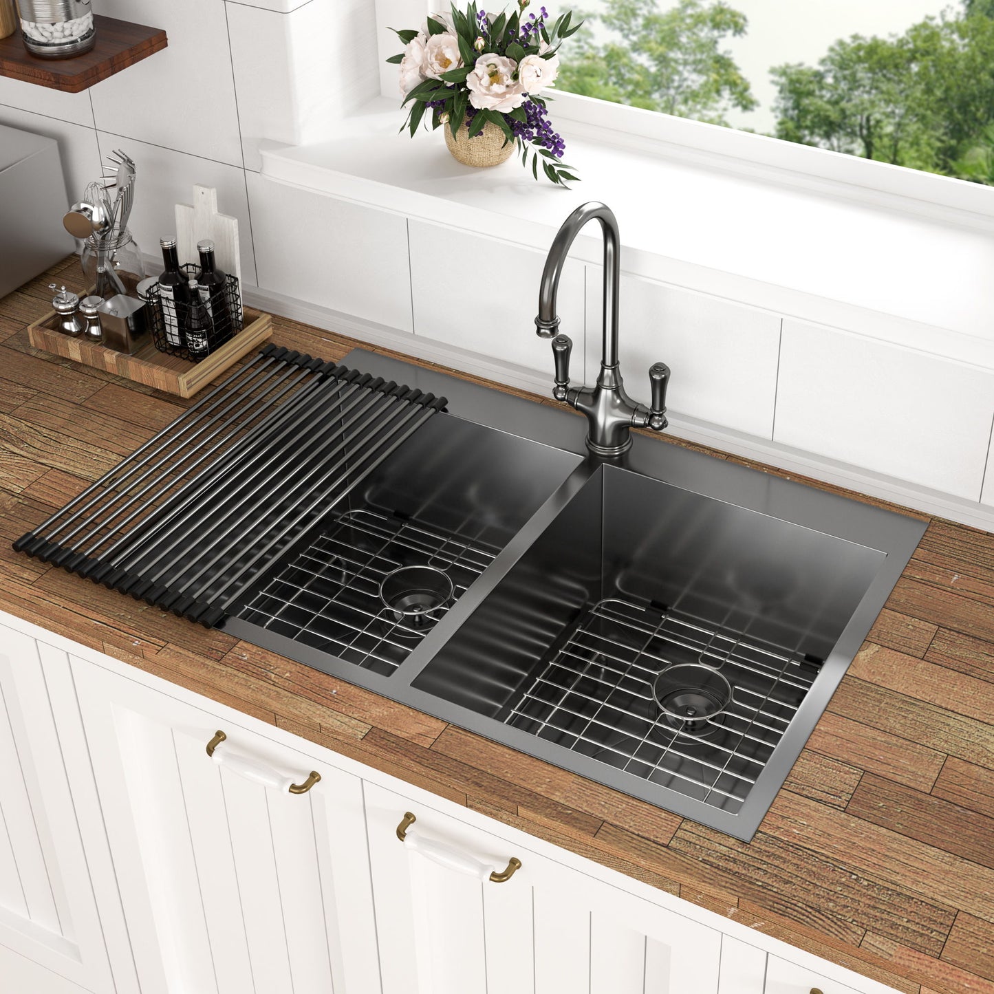 Double Bowl Drop In Kitchen Sink, 16 Gauge Stainless Steel With 2 9" Deep Basins - Gunmetal Black Daily Nest