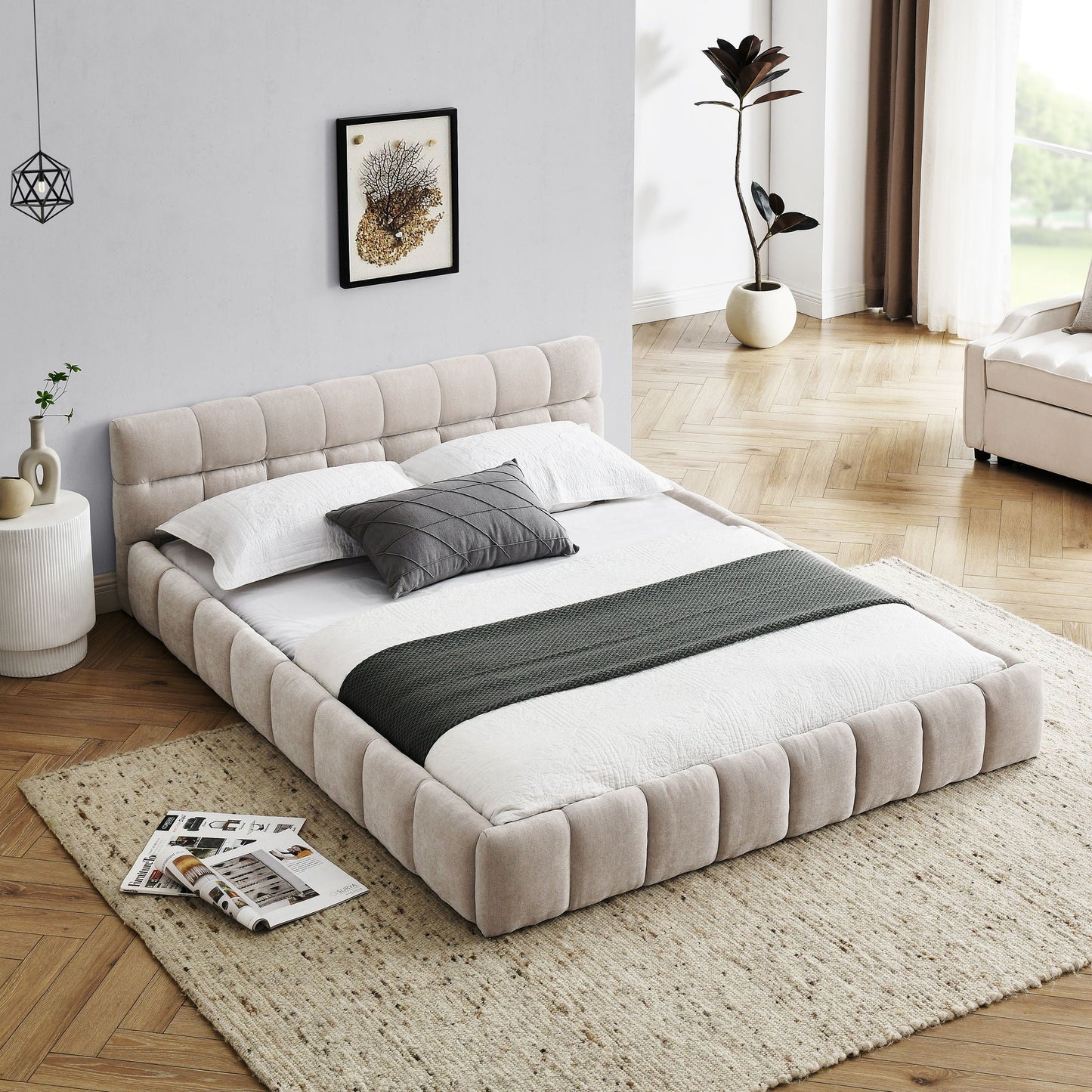 Modern Platform Bed Frame With Thick Chenille Fabric Home Essentials