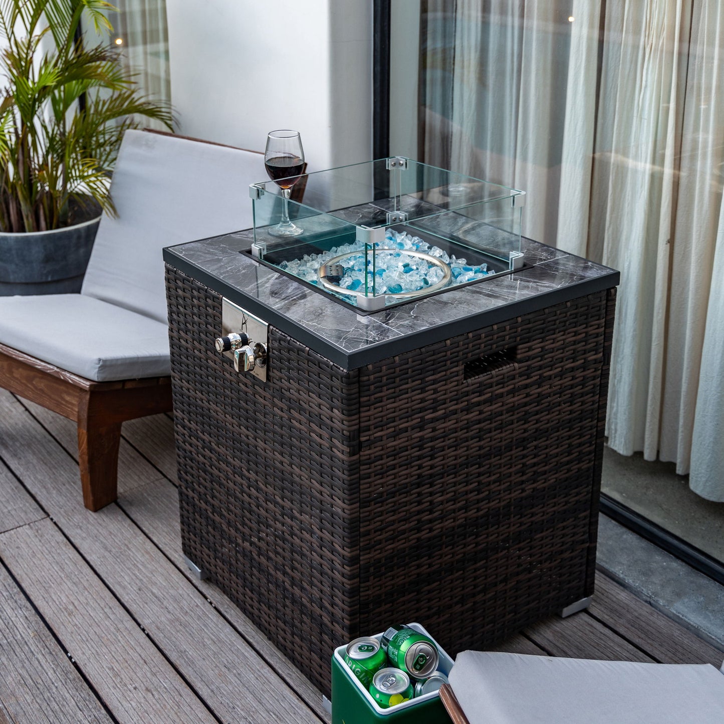 Propane Gas Square Fire Pit, Tile Tabletop With Beautiful Wicker Base For Outside Home Essentials