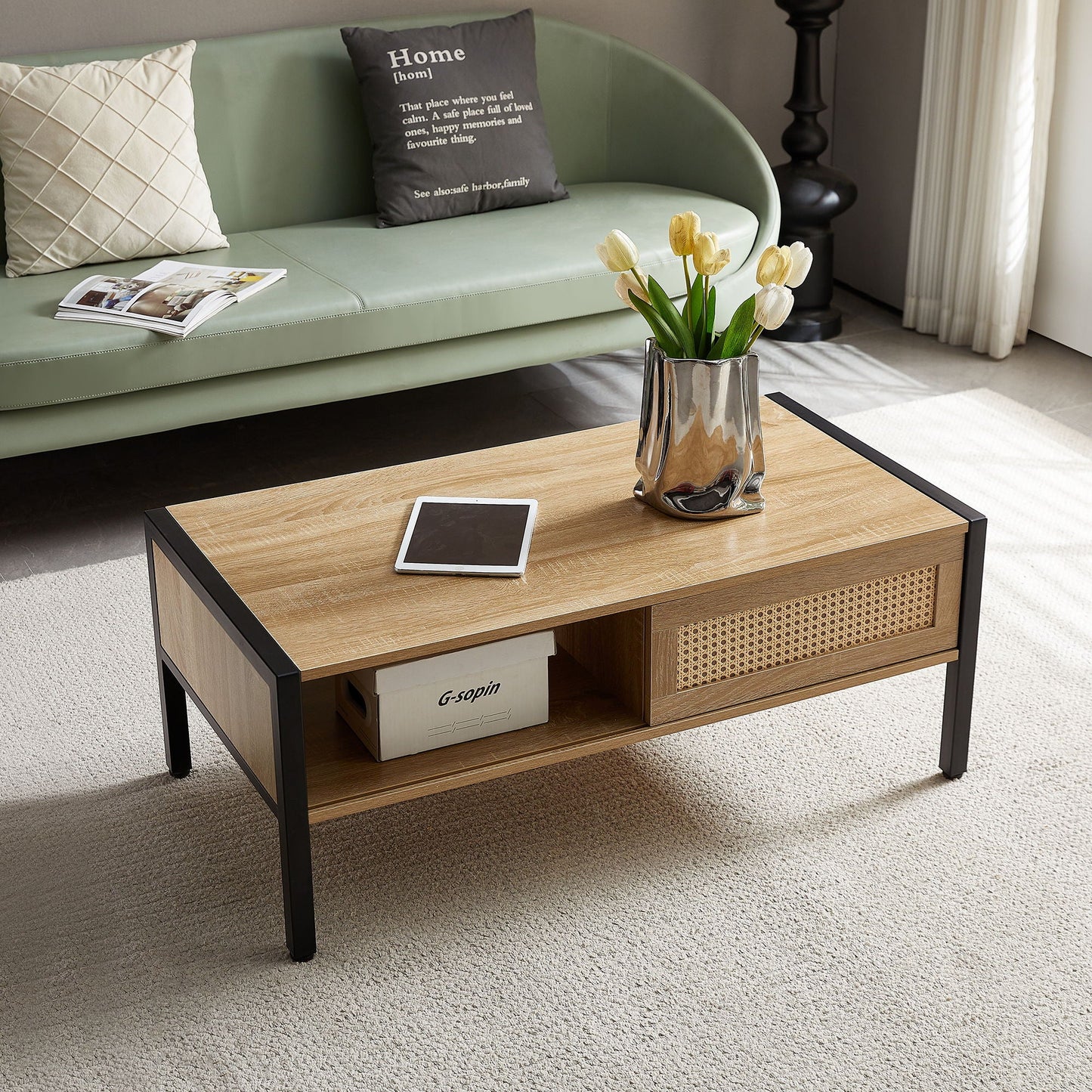 40.16" Rattan Coffee Table, Sliding Door For Storage, Metal Legs, Modern Table For Living Room Home Essentials