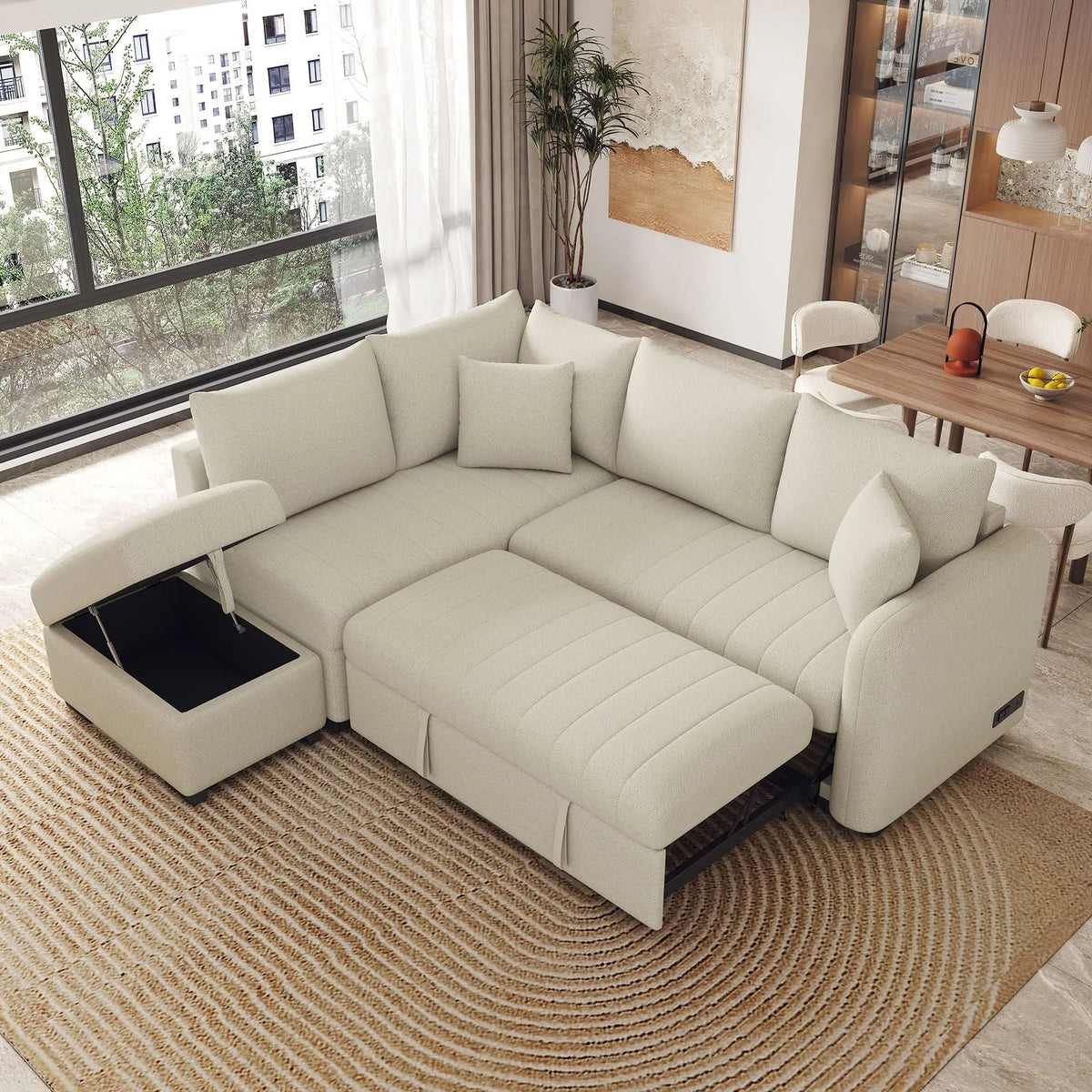 L-Shaped Sectional Pull Out Sofa Bed Sleeper Sofa With Two USB Ports, Two Power Sockets And A Movable Storage Ottoman Hearth and Haven