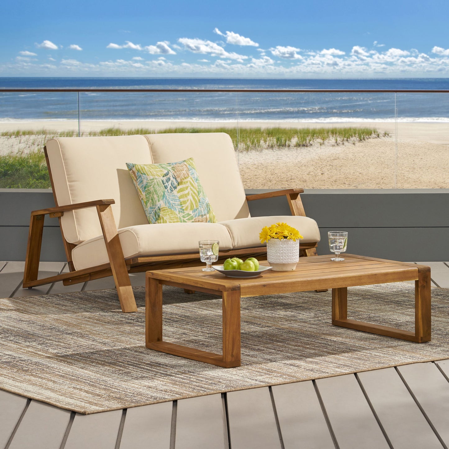 Paloma - Contemporary Loveseat And Coffee Table Set With Weather Resistant Cushions Noble House
