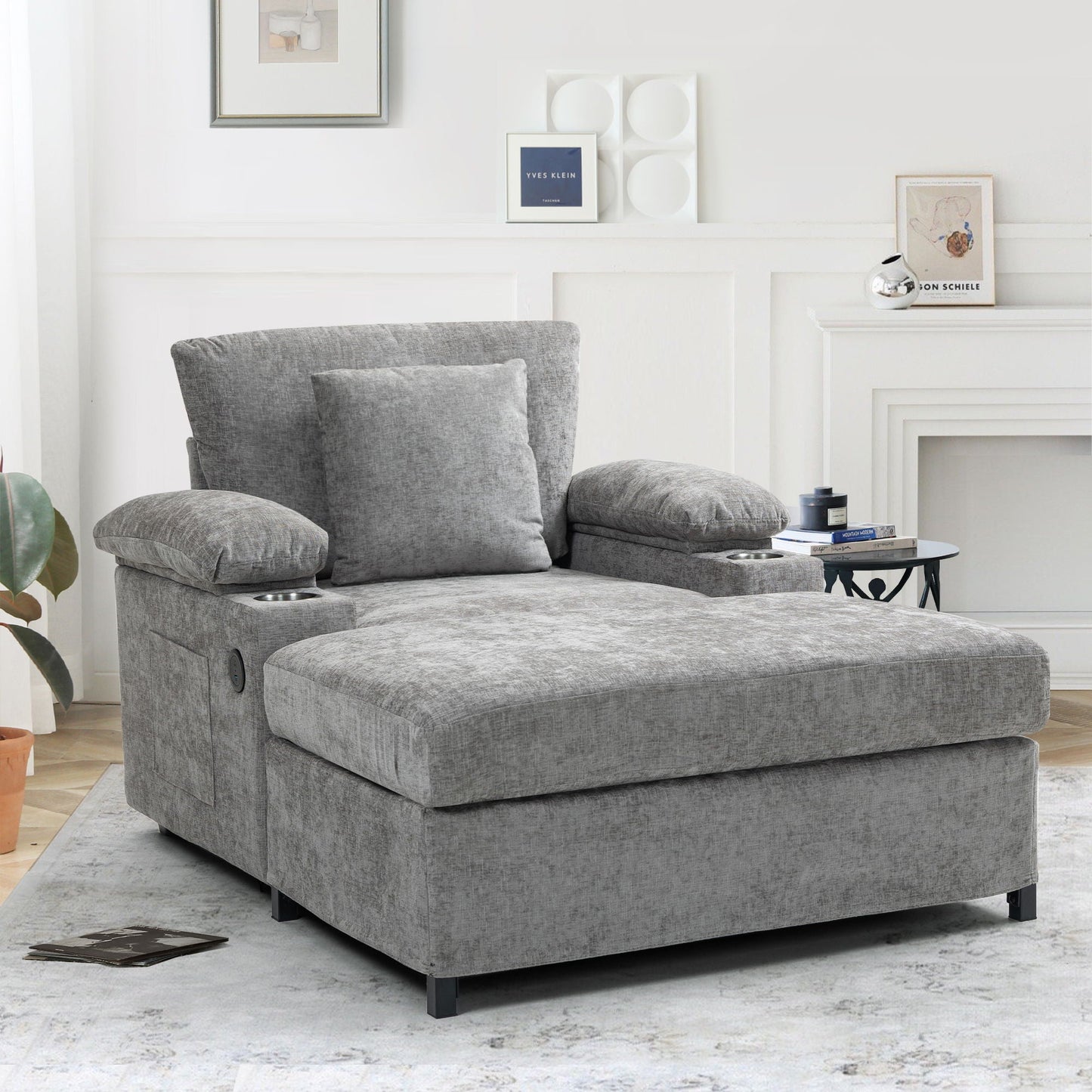 Chenille Fabric Sofa Bed With Cupholders And USB Charging Ports Chair For Living Room Home Essentials