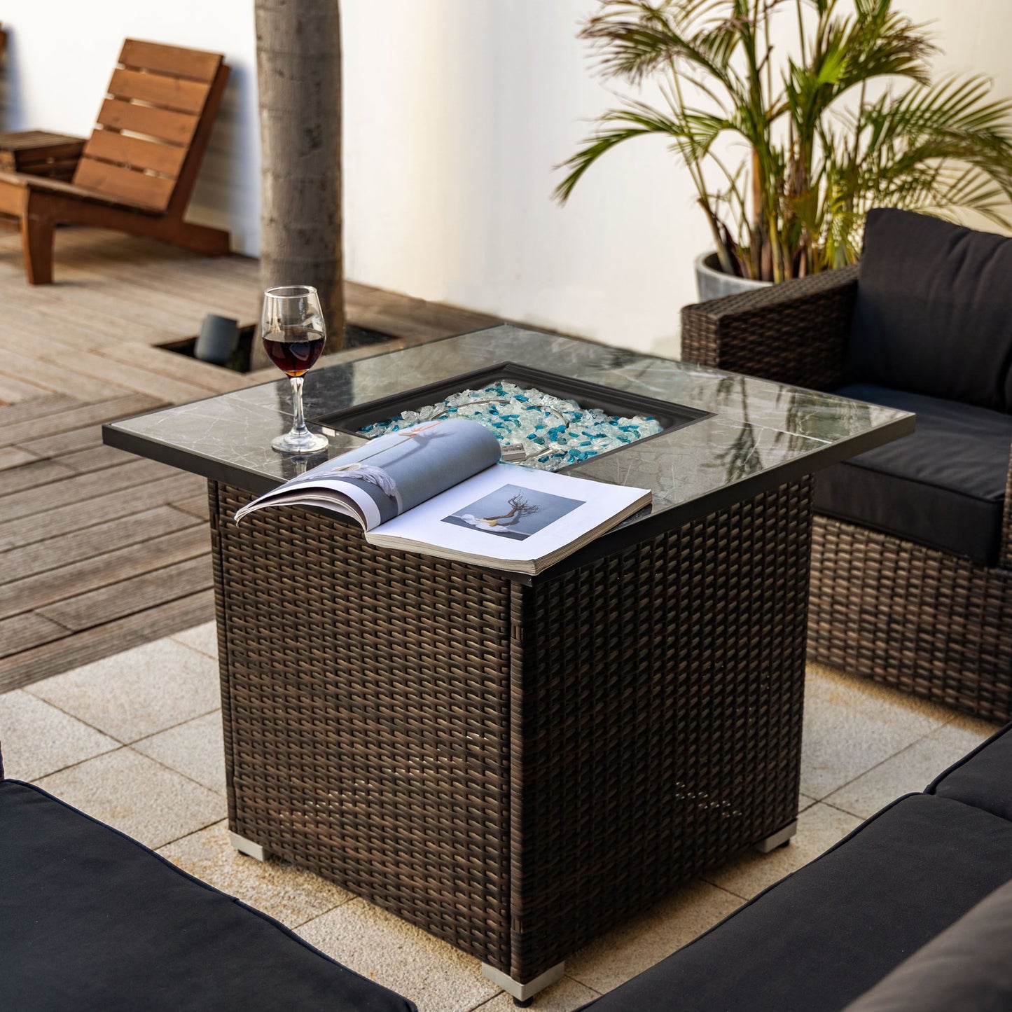 30" Outdoor Fire Table Propane Gas Fire Pit Table With Lid Gas Fire Pit Table With Glass Rocks And Rain Cover - Espresso Home Essentials