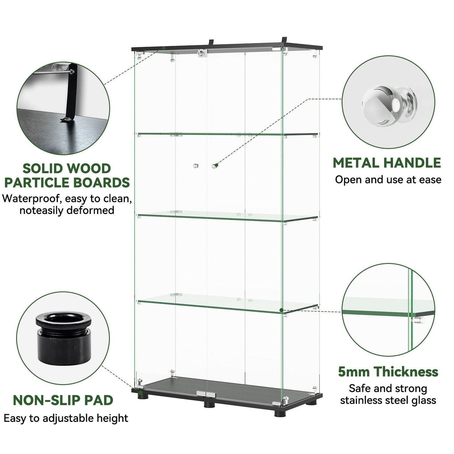 Modern Glass Display Cabinet With 4 Shelf Double Doors And Lock, Tempered Glass Bookshelf For Living Room - Black Home Essentials