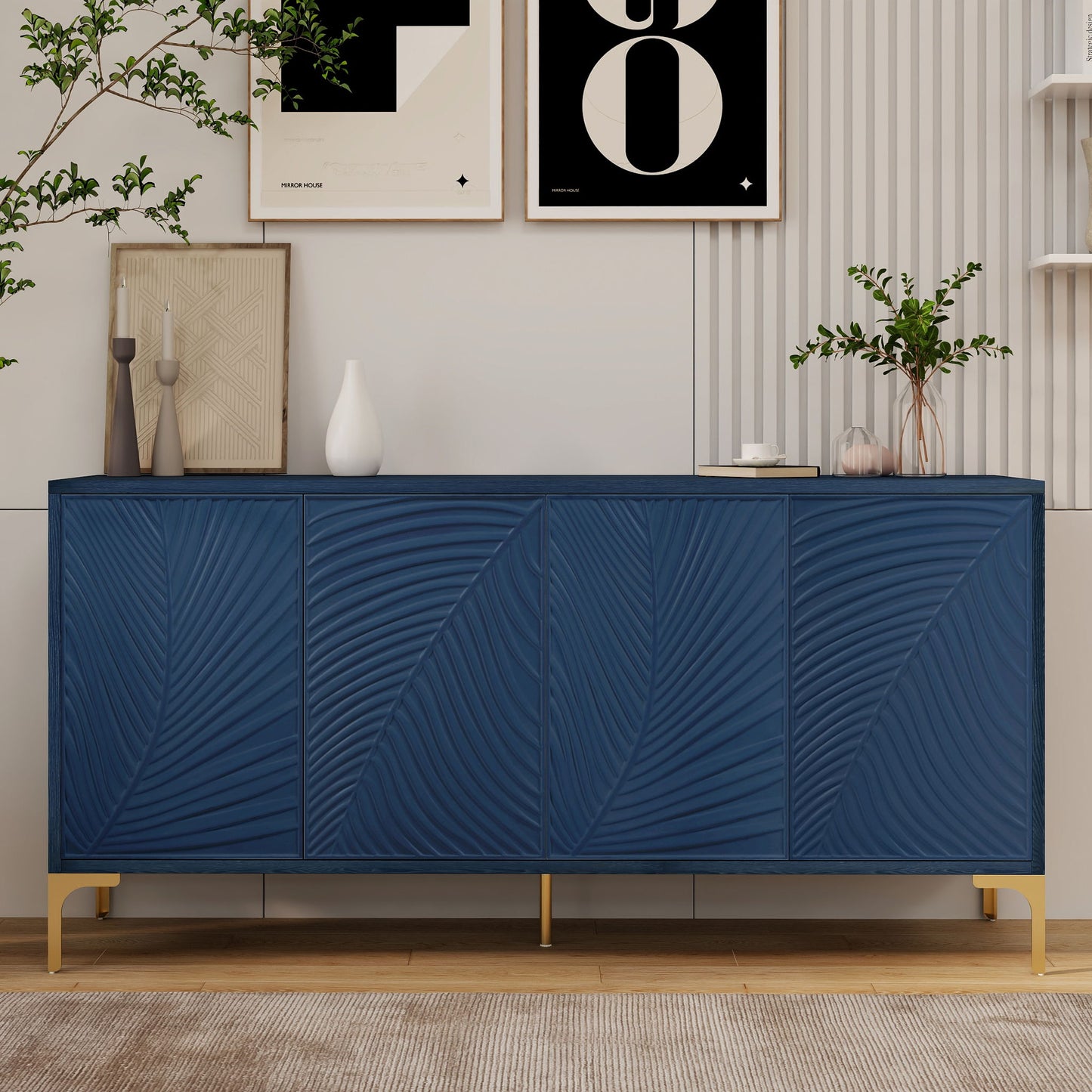 Modern 4 Door Sideboard With Creative Carved Surface And Adjustable Shelves Home Essentials