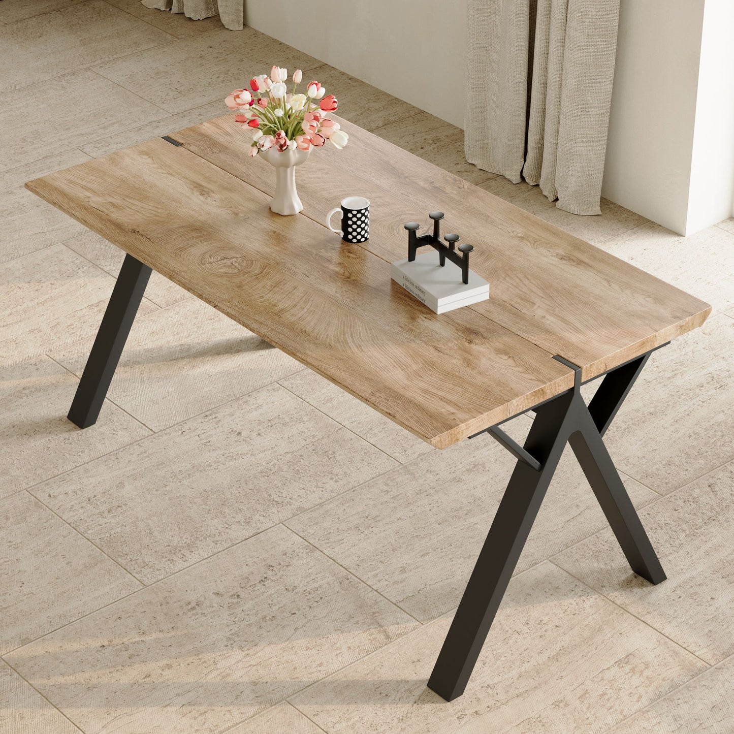 Wood Textured Dining Table With A Frame Legs.Density Board Sticker Pipe Spraying, Suitable For Various Occasions Such As Living Rooms - Black Home Essentials