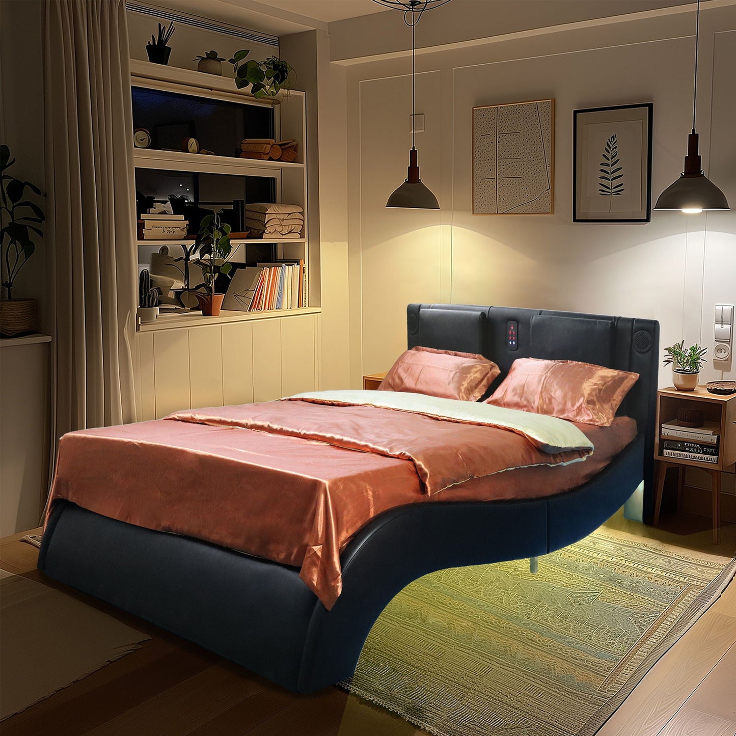 Upholstered Platform Bed Frame With LED Lighting, Bluetooth Connection To Play Music Control, Backrest Vibration Massage, Curve Design, Wood Slat Support, Exhibited Speakers Home Essentials