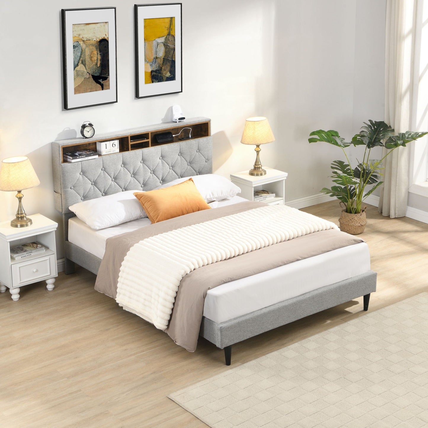 Modern Upholstered Platform Bed Frame With Button Tufted Headboard And USB Ports Home Essentials