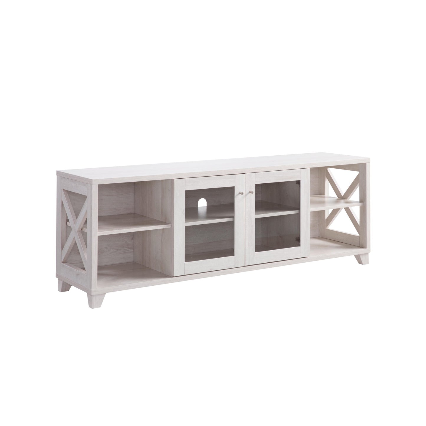 Farmhouse Home Entertainment Center, TV Stand With 4 Shelves And Transparent Center Cabinet - White Oak Home Essentials