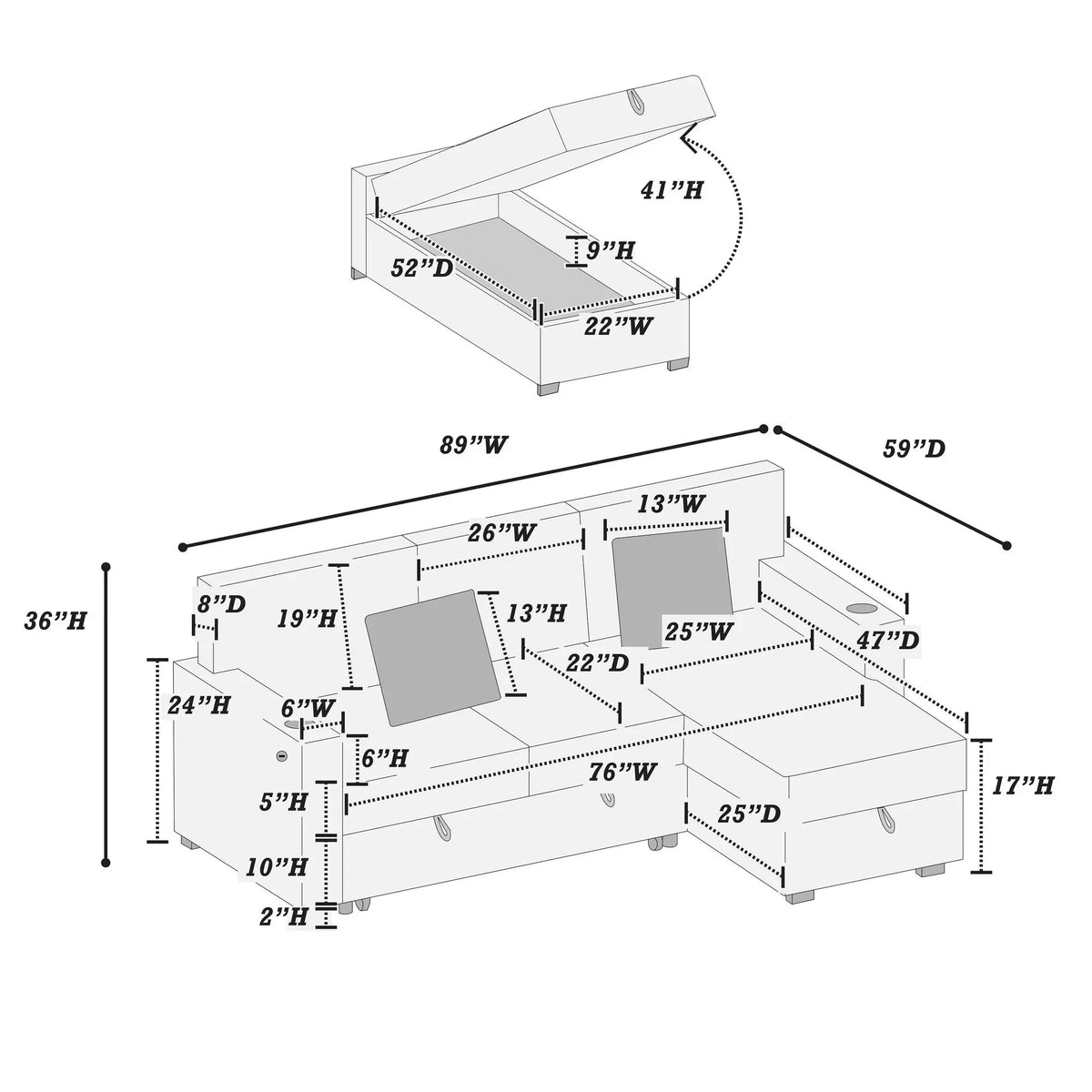Convertible Sectional With USB / USB - C Port, Storage Chaise, Pull-Out Bed Home Essentials