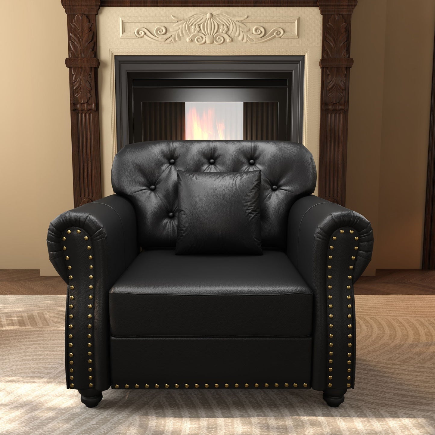Sofa With Nailhead Trim And Rolled Armrests, Includes 1 Pillow - Black Home Essentials