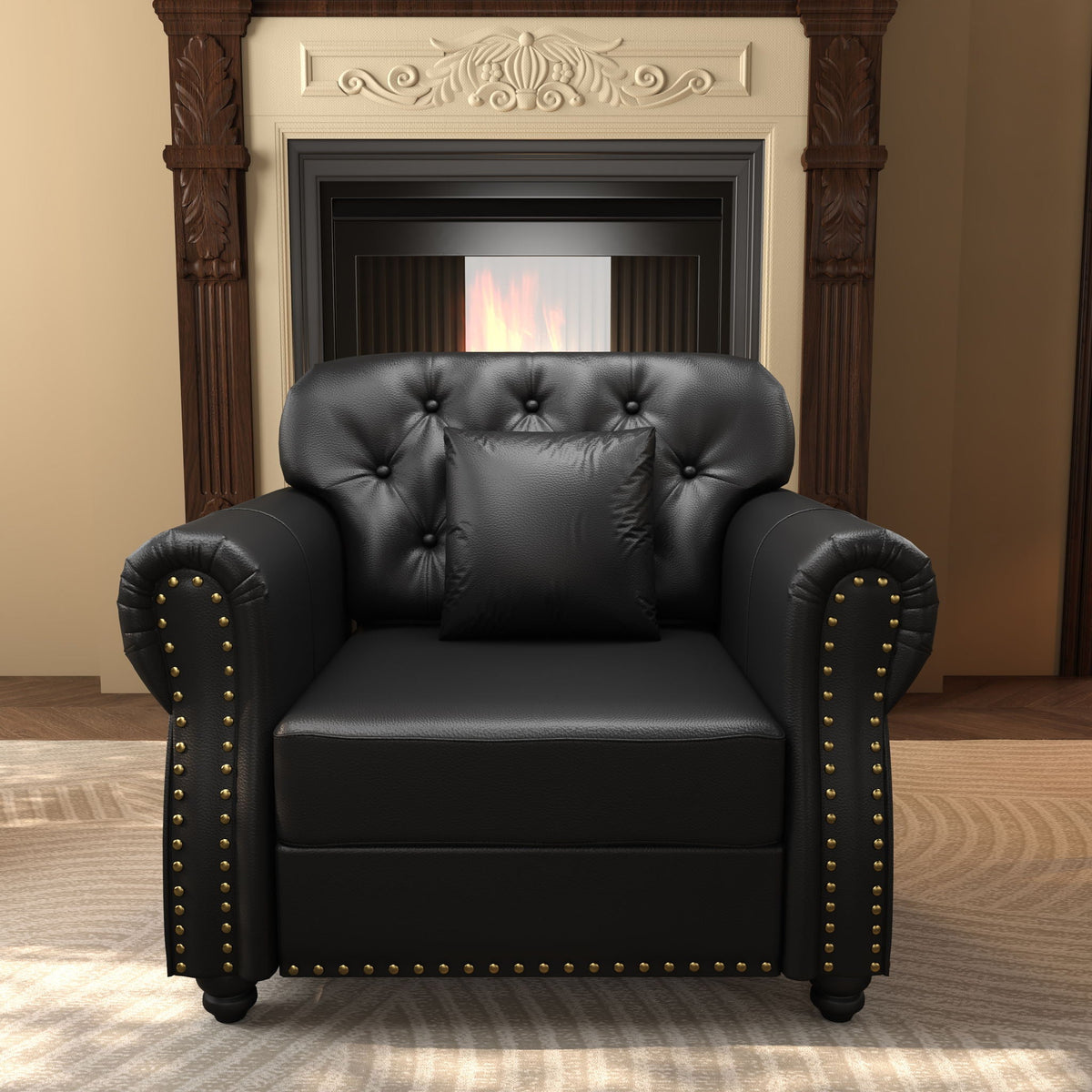 Sofa With Nailhead Trim And Rolled Armrests, Includes 1 Pillow - Black Home Essentials