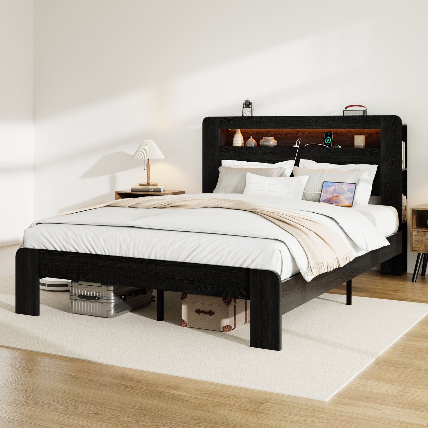 Wood Platform Bed Frame With Storage LED Light Headboard & USB Home Essentials