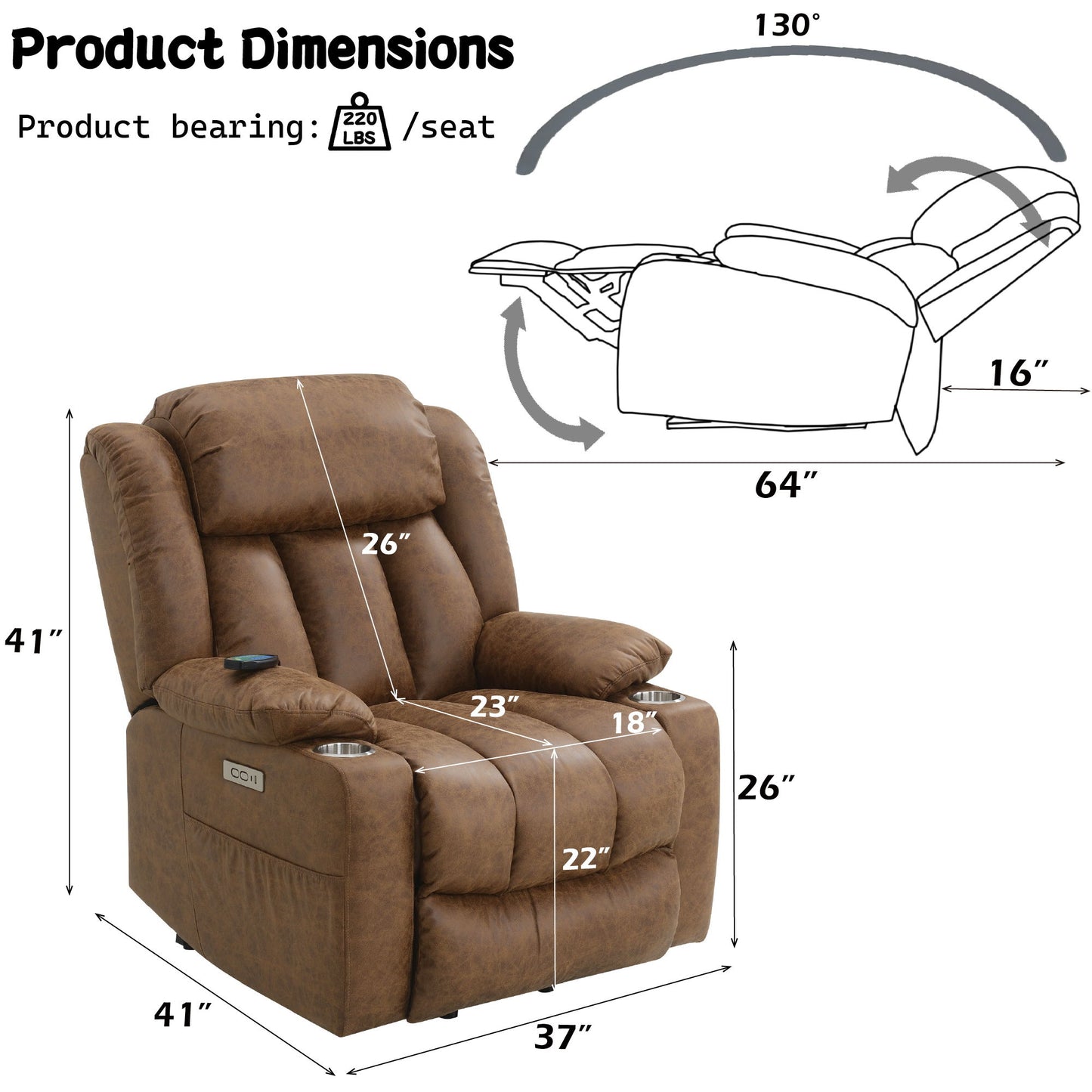 Aire Power Motion Recliner With Lift Heating Massage Function - Brown Acme