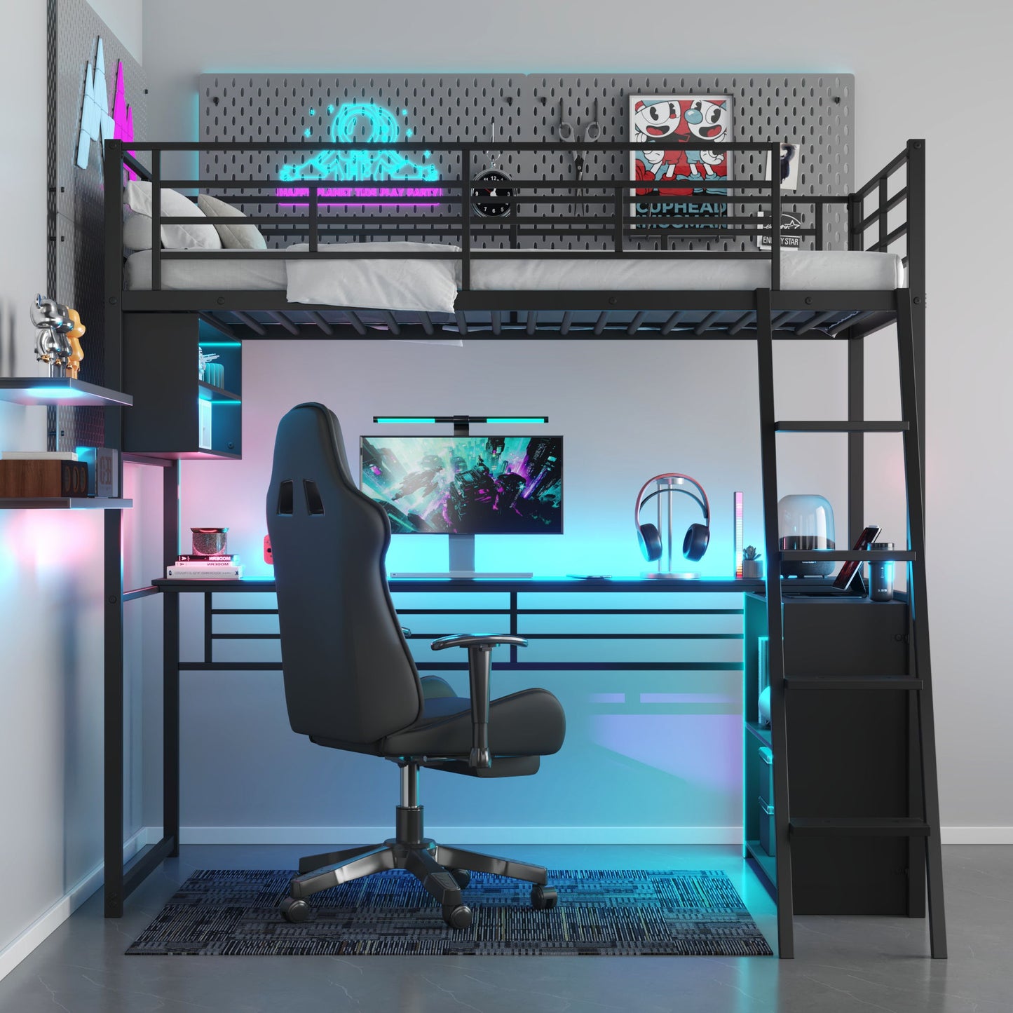 Loft Bed With LED Desk And 4 Storage Shelves Hearth and Haven