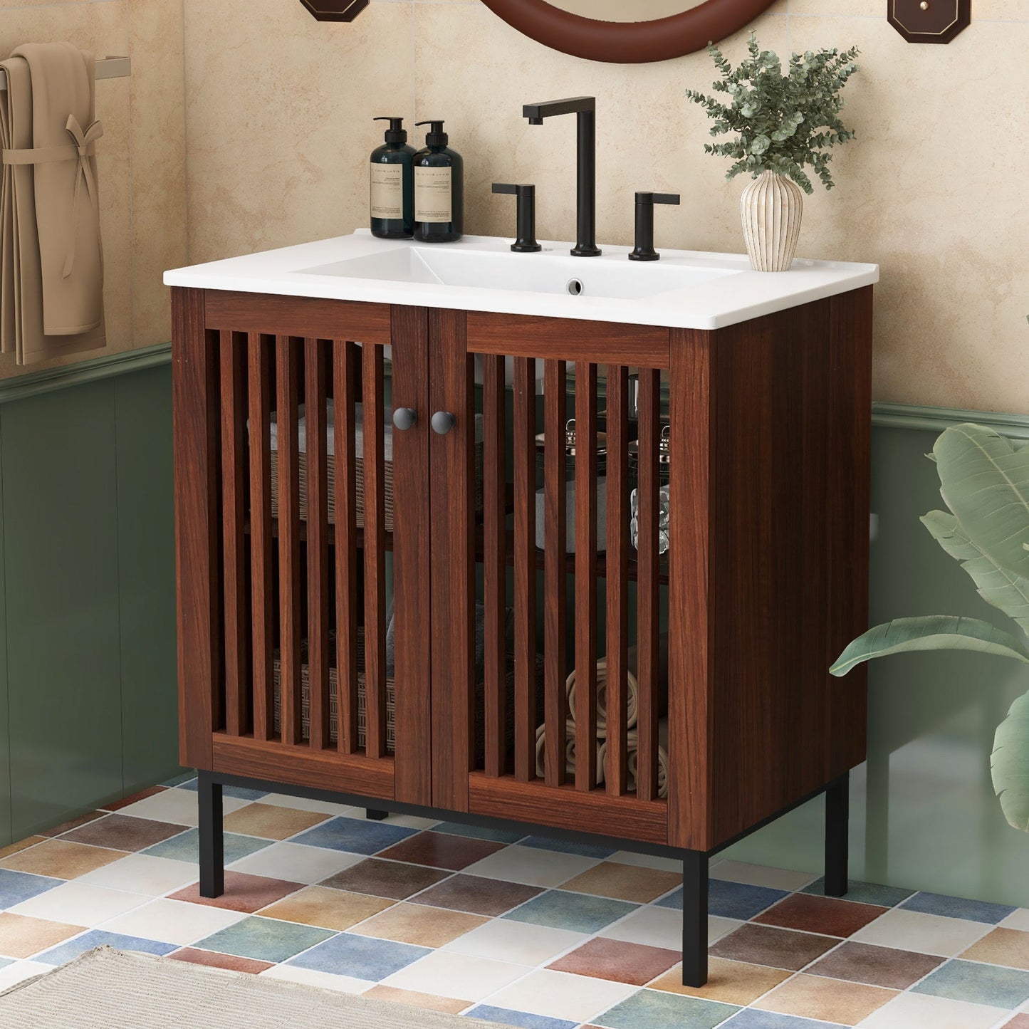 30" Vintage Bathroom Vanity With Ceramic Sink, Modern Bathroom Vanity Cabinet With 2 Soft Close Doors, Equpiied With 4 Sturdy Iron Legs - Antique Dark Brown Noble House