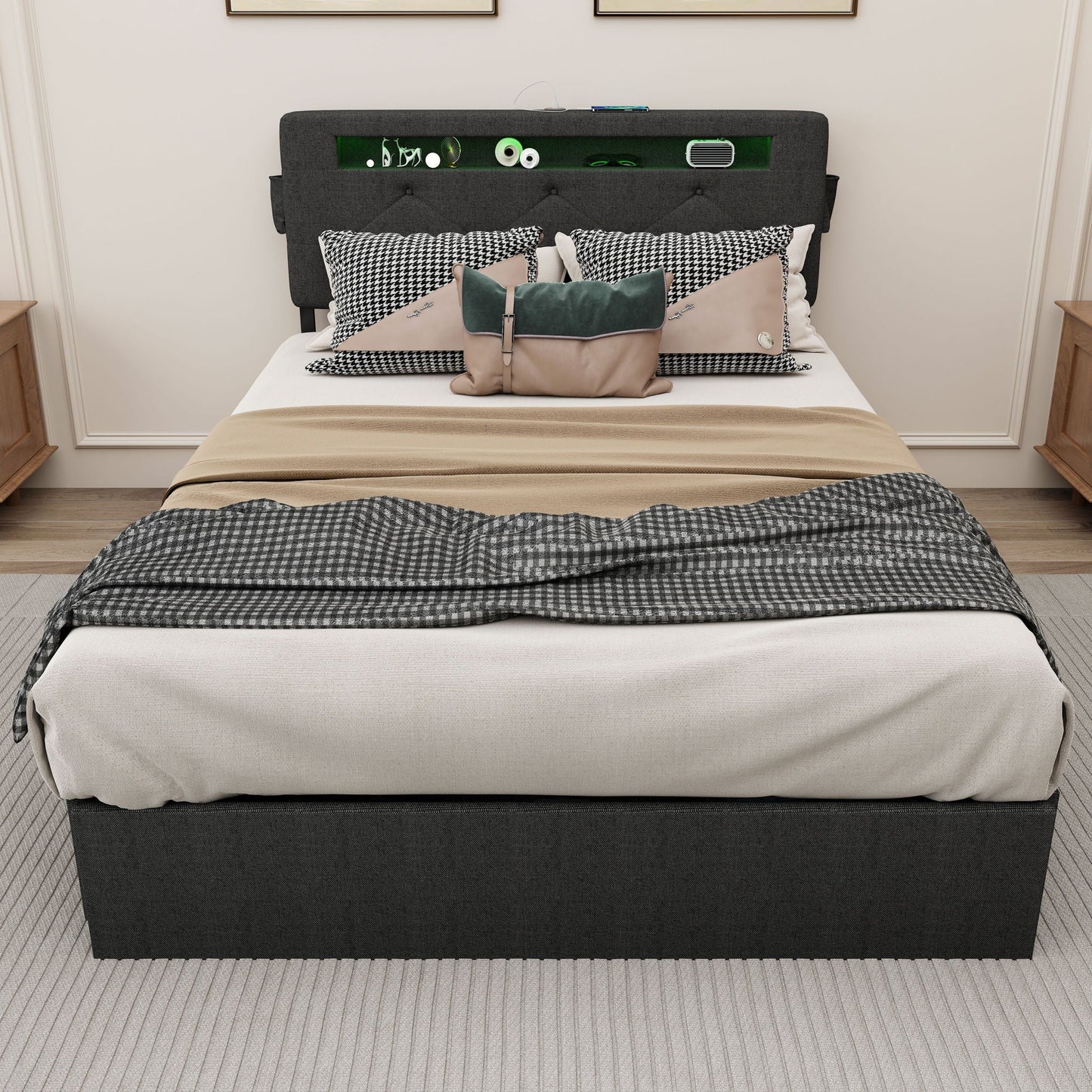Bed With USB Charging Station, LED Lights, Headboard & Storage Drawers Home Essentials