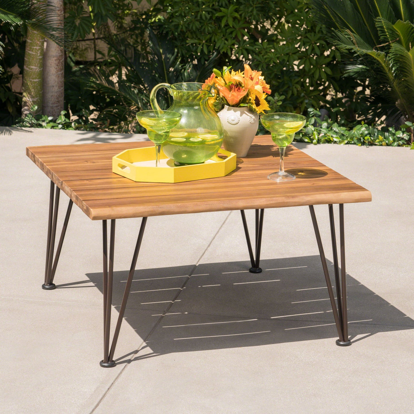 Outdoor Coffee Table With Slat Top And Metal Legs - Teak Noble House