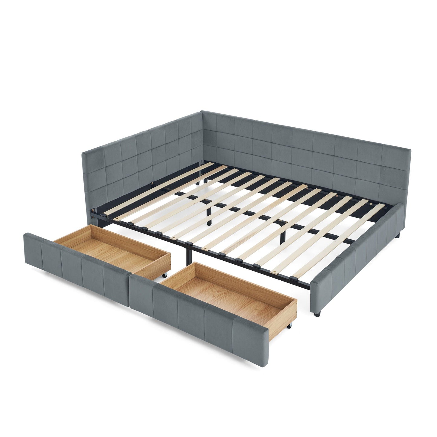 Mid-Century Storage Upholstered Tufted Bed Frame With Backrest And Armrests Home Essentials