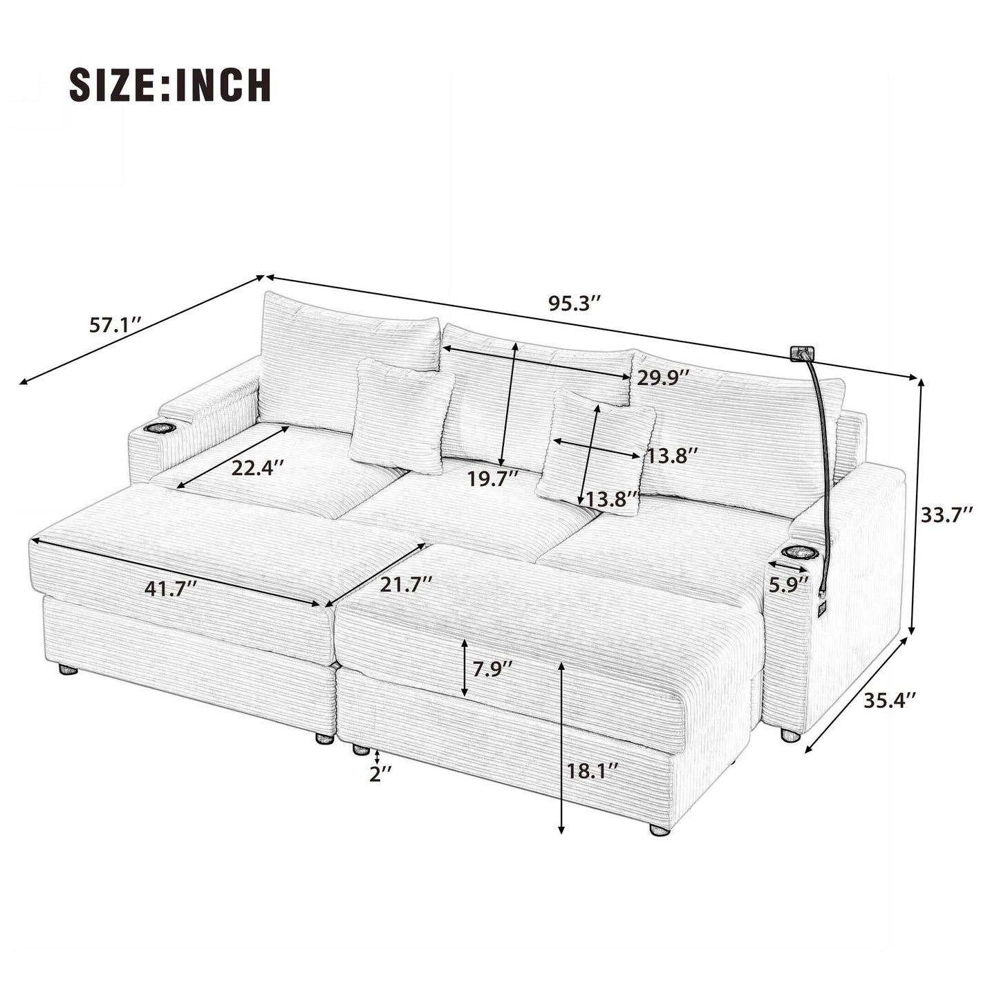 Modern Style Loveseat Sofa Sectional Sofa Couch With Storage Space, A Movable Ottoman, Two USB Ports, Two Cup Holders, A Phone Holder For Living Room Hearth and Haven
