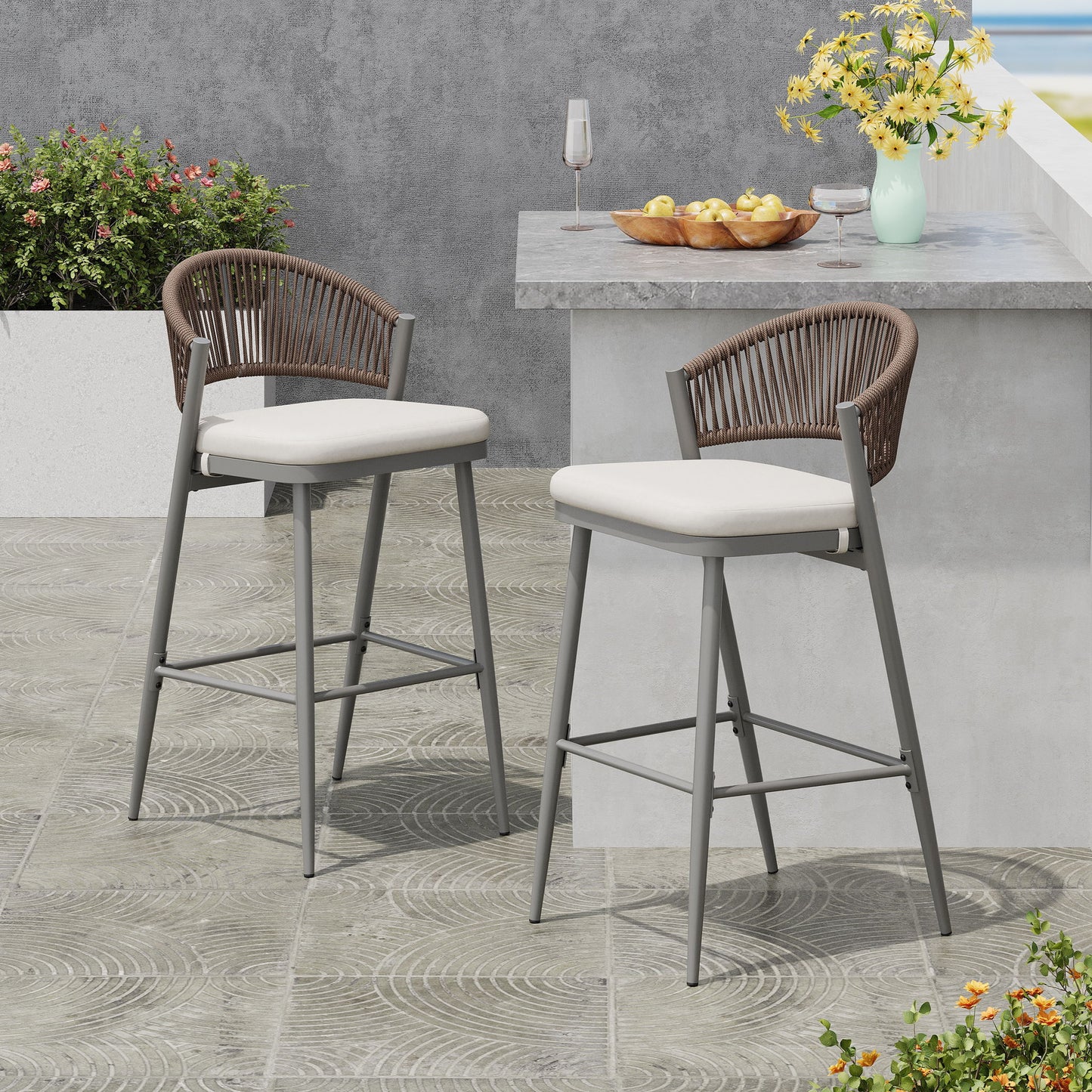 Outdoor Bar Height Metal Frame Counter Stools With Scallop Shaped Backrest & Water Resistant Cushions Noble House