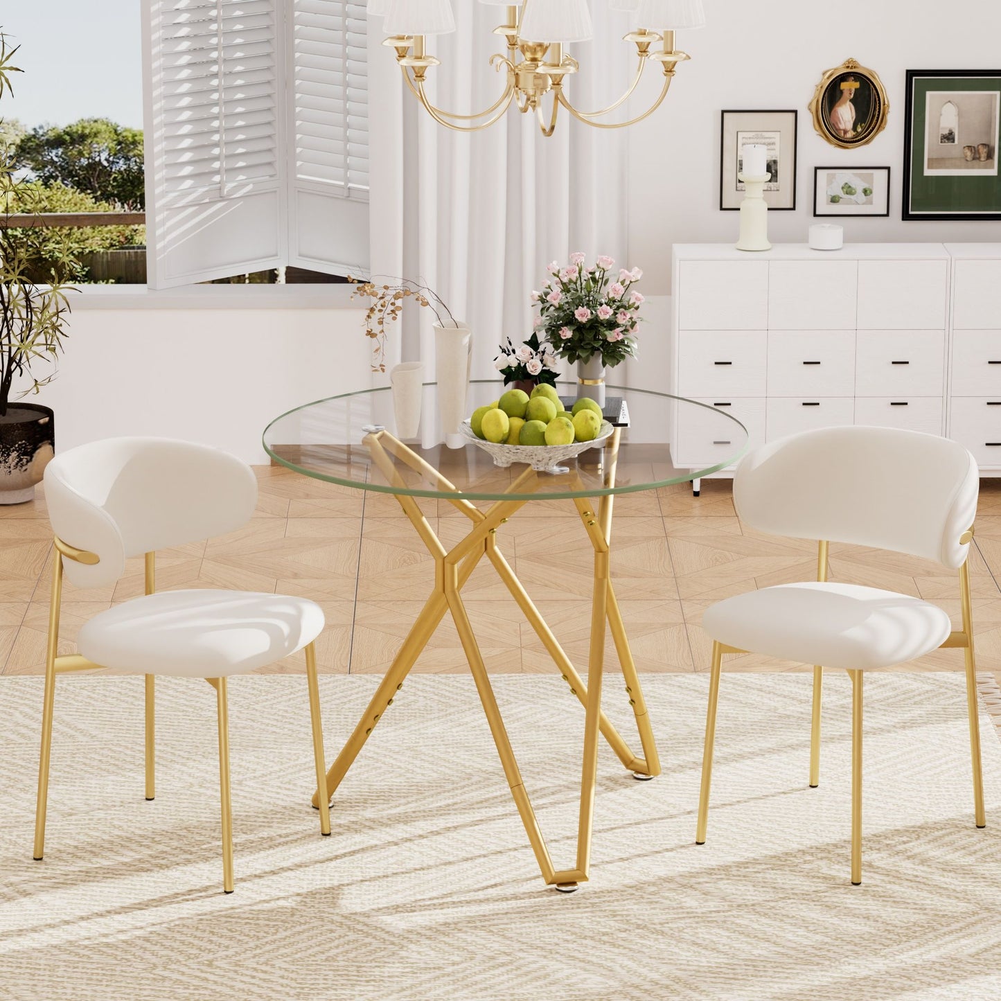 Modern Round Tempered Glass Dining Table With Sturdy Metal Legs For 1 - 4 People - Gold Home Essentials