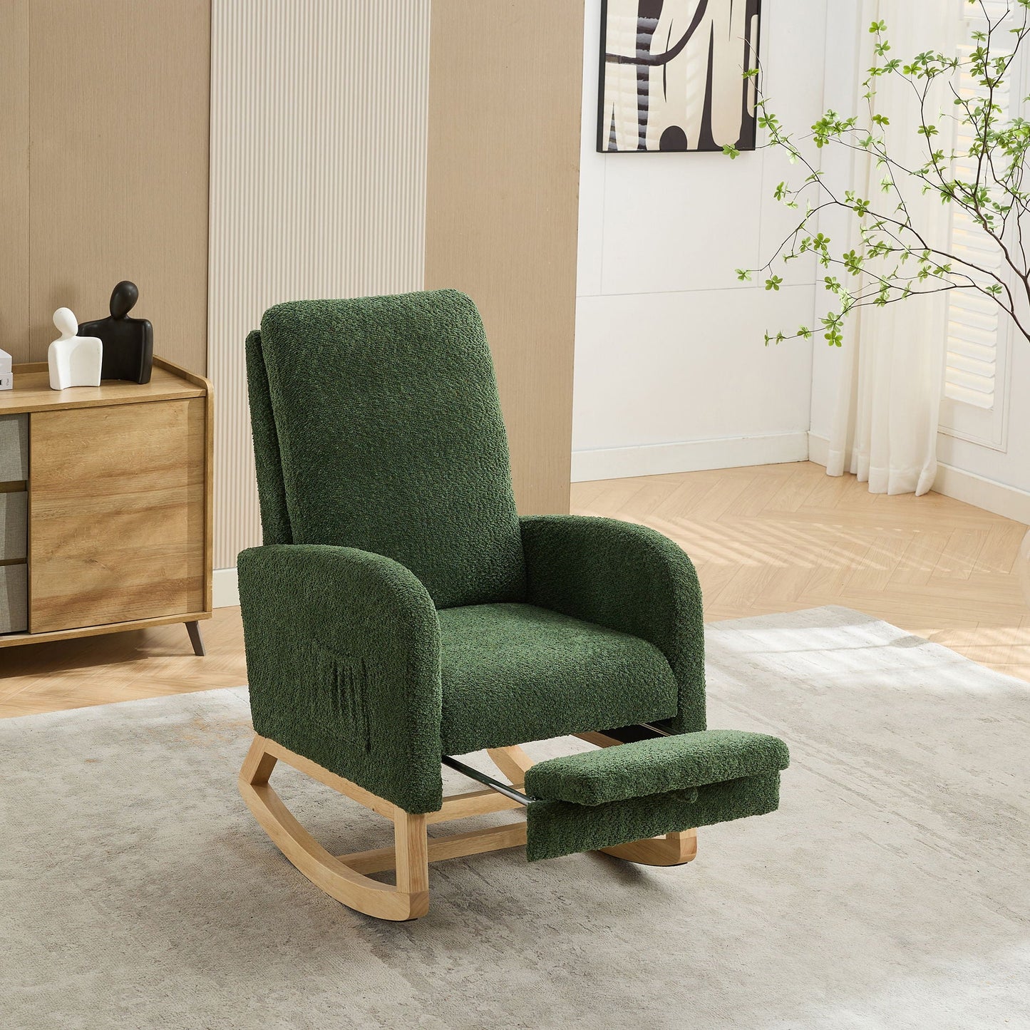 High Back Glider Rocking Chair With Retractable Footrest And Rubber Wood Legs Home Essentials