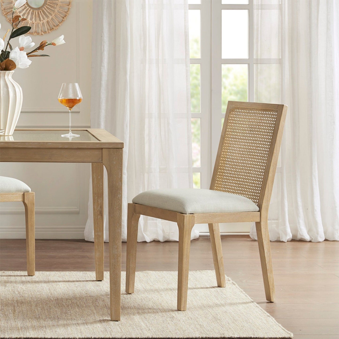 Dining Chair With Synthetic Cane Back And Upholstered Seat (Set of 2) - Natural JLA