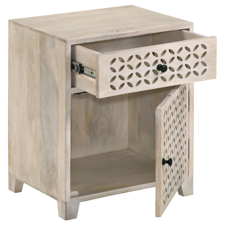 August - 1-Drawer Trellis Pattern Storage Cabinet - White Washed CoasterEssence