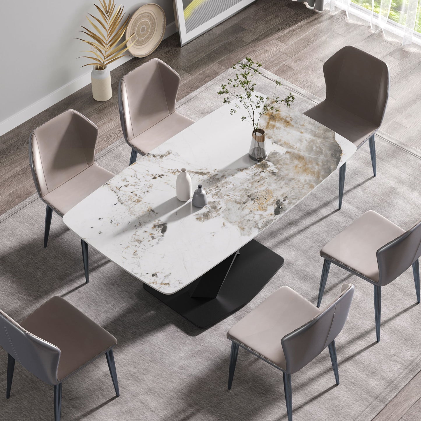 Modern Artificial Stone Pandora White Curved Metal Leg Dining Table, 6 People - Antique White Home Essentials