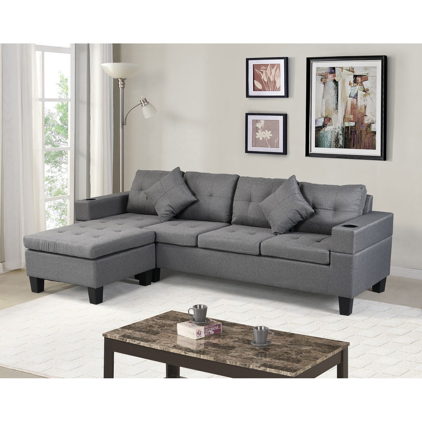 Sectional Sofa Set For Living Room With L Shape Chaise Lounge, Cup Holder And Left Or Right Hand Chaise Modern 4 Seat Home Essentials