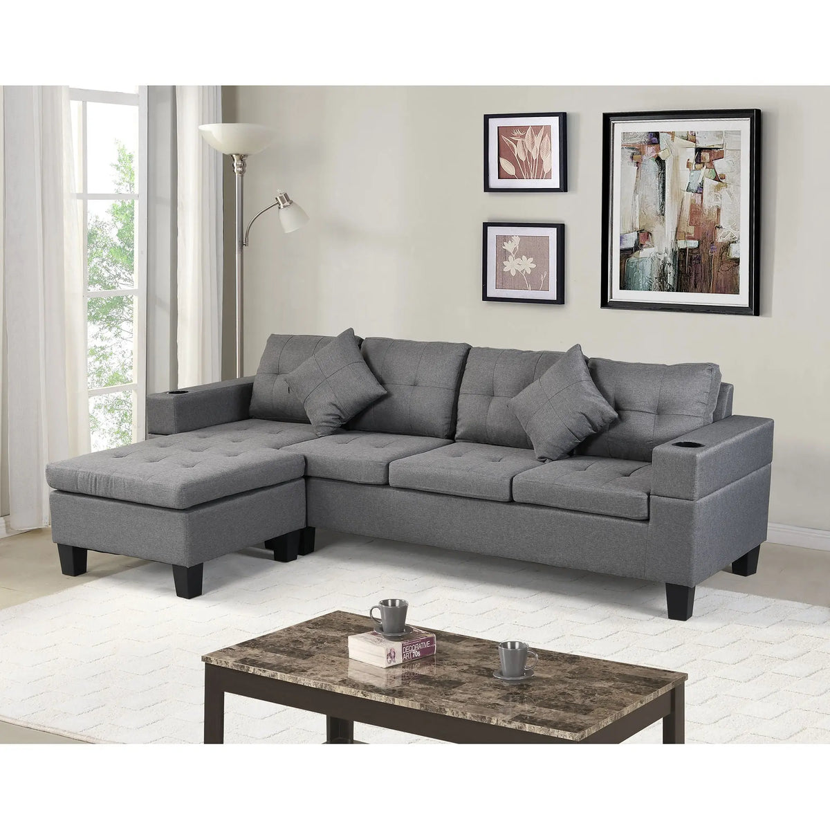 Sectional Sofa Set For Living Room With L Shape Chaise Lounge, Cup Holder And Left Or Right Hand Chaise Modern 4 Seat Home Essentials