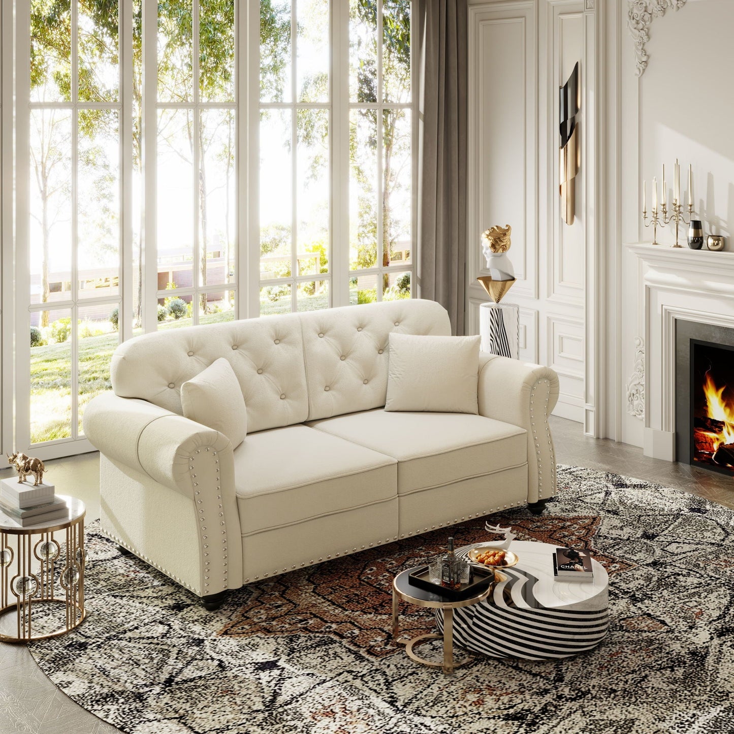 Upholstered Chesterfield Sofa With Nailhead Trim And Rolled Armrests Home Essentials