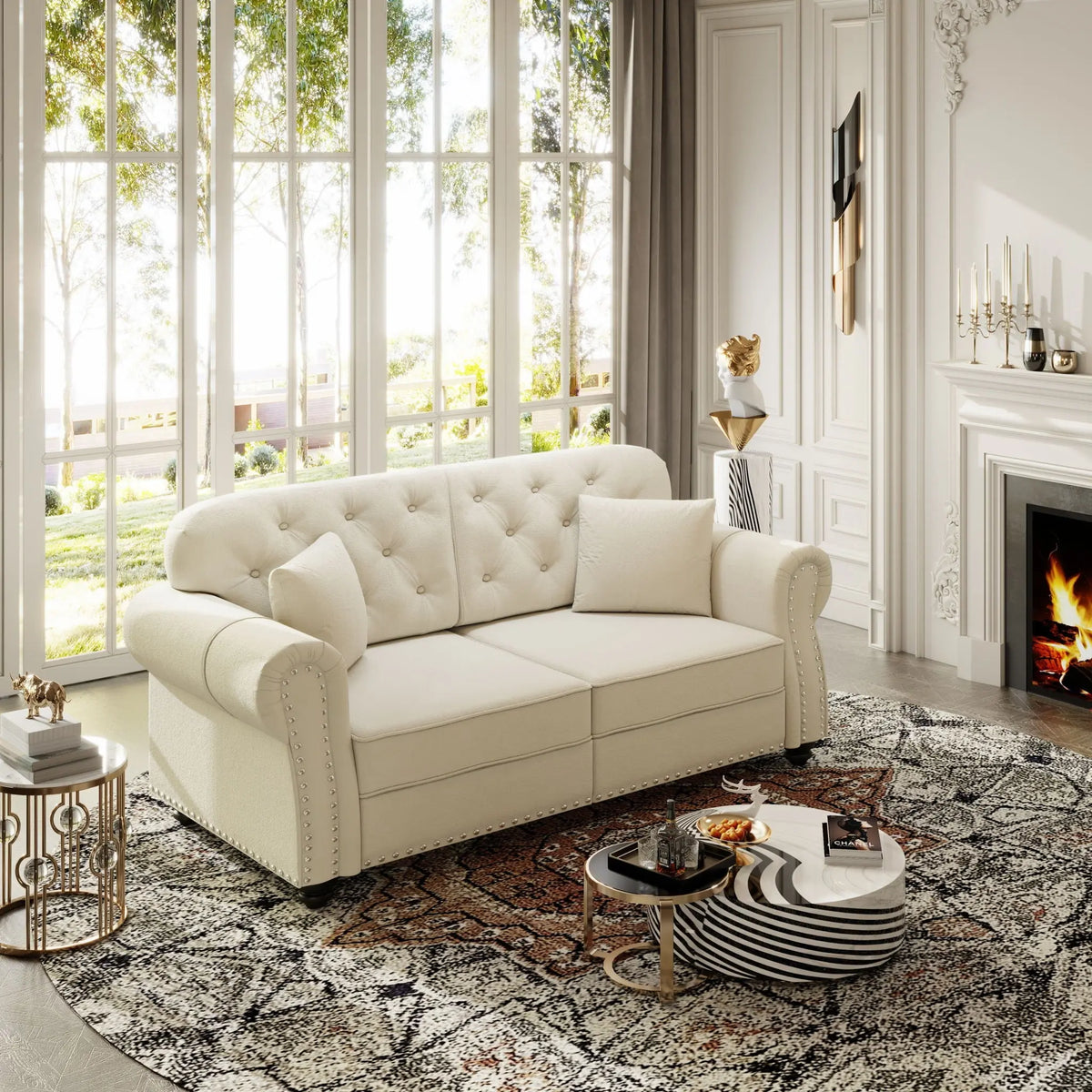 Upholstered Chesterfield Sofa With Nailhead Trim And Rolled Armrests Home Essentials