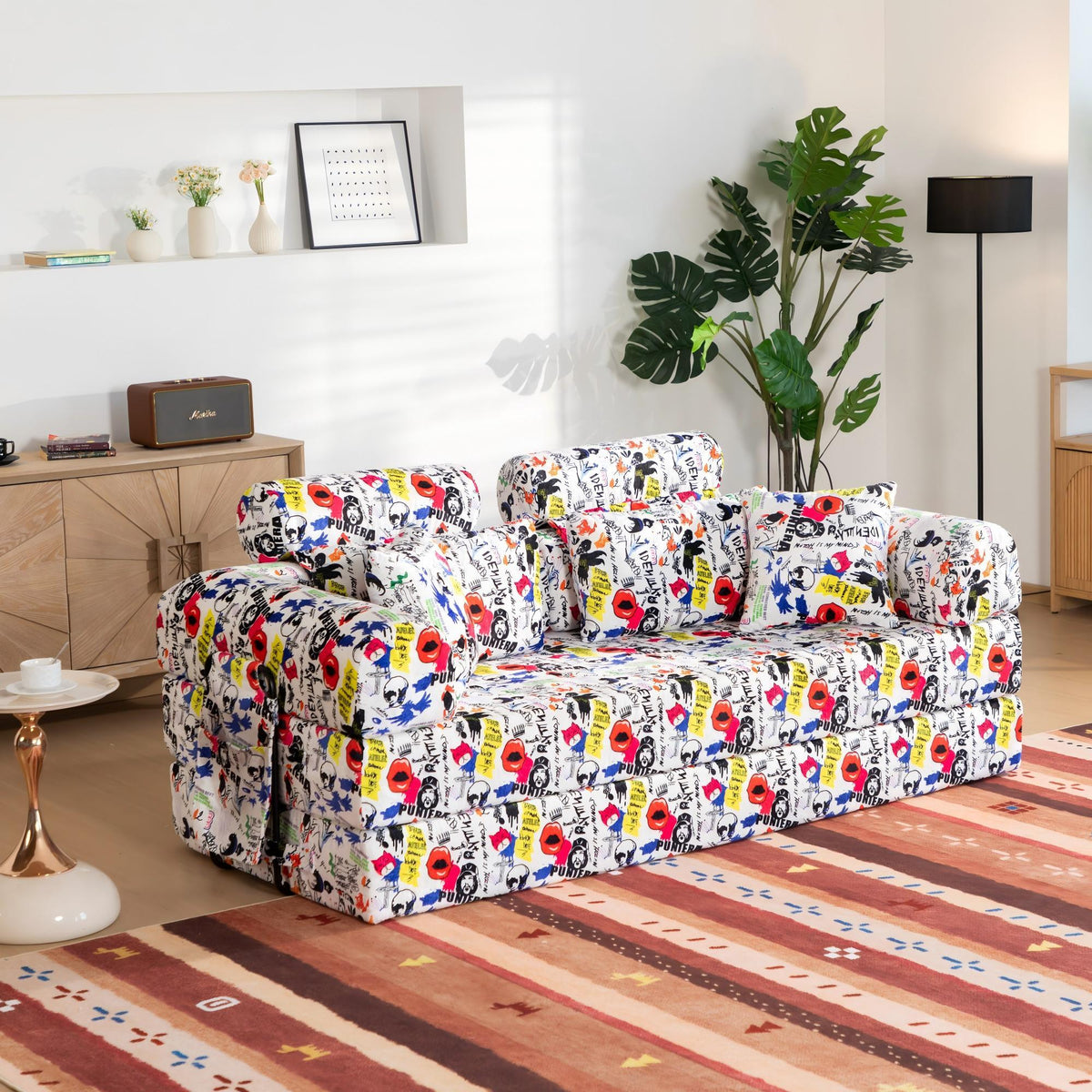 Pop Graffiti Printed Convertible Sleeper Sofa Bed, Foldable Multi Functional Couch For Living Room - White Home Essentials